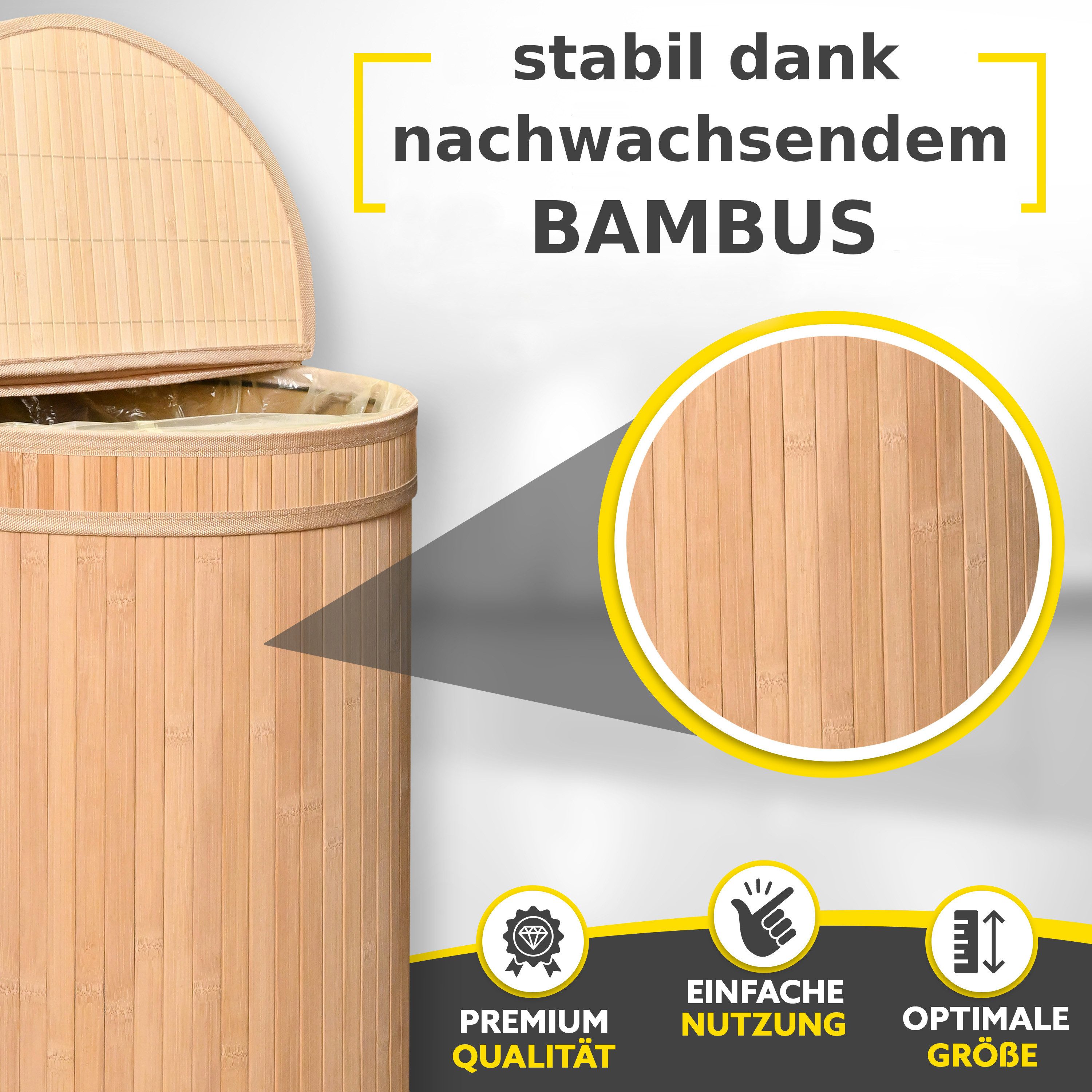 HANDFILL Flaschensammler Wäschekorb, Pfandflaschensammler & für Gelbe Säcke Rund Bambus 55L (Mehrzweck Bambusständer Set für Gelbe Säcke, Pfandflaschen & Wäsche – Bild 5 von 5