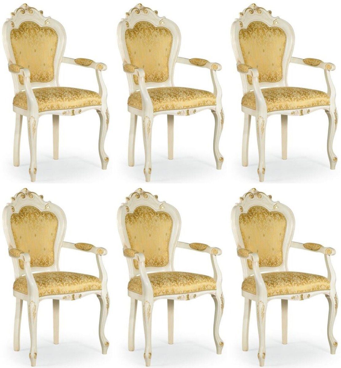 Casa Padrino Esszimmerstuhl Luxus Barock Esszimmer Stuhl Set mit Armlehnen Gold / Weiß / Gold 58 x 50 x H. 103 cm - Barock Küchen Stühle 6er Set - Esszimmer Möbel im Barockstil