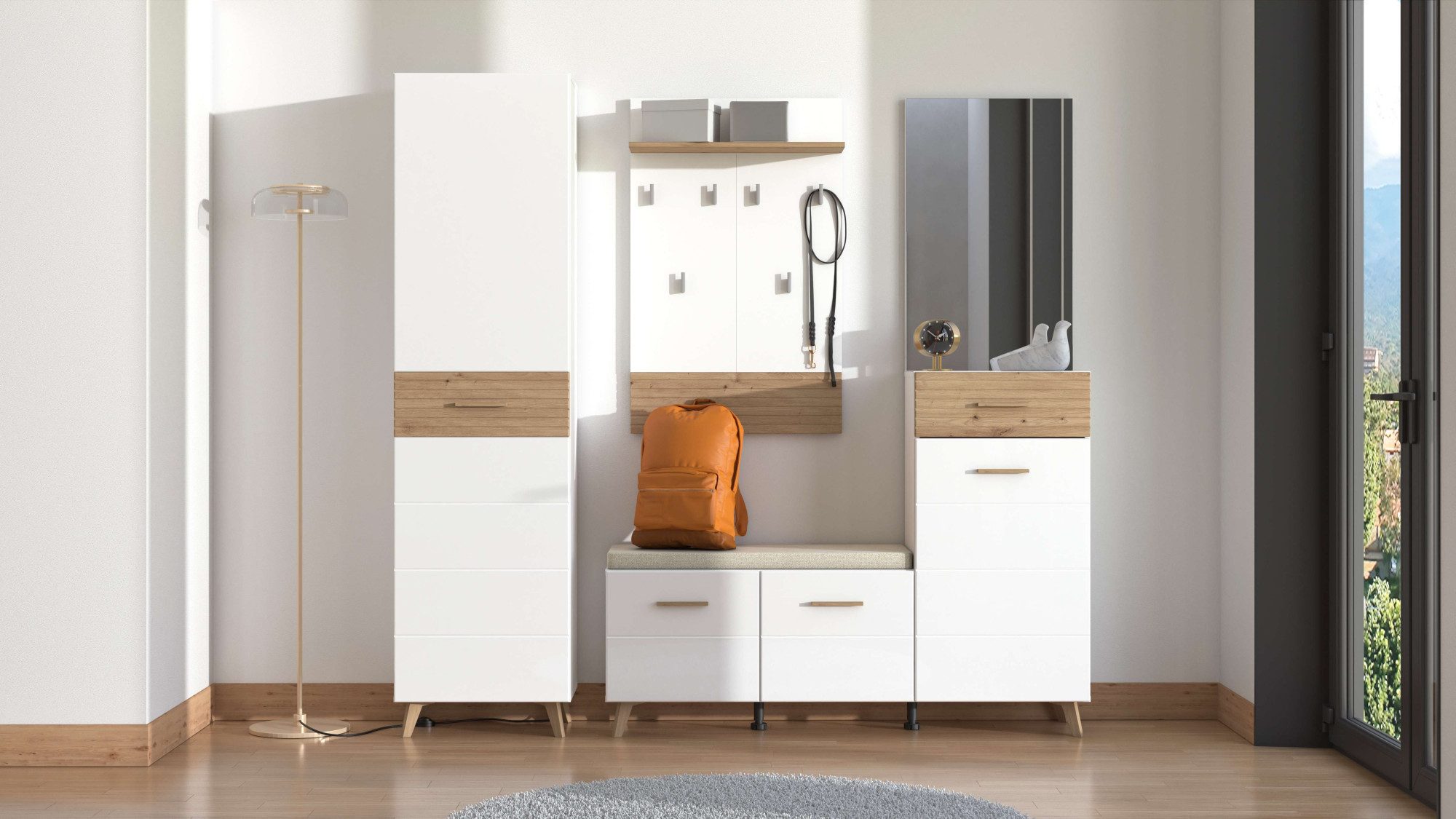 Home affaire Garderoben-Set Sein Kompaktgarderobe, Flurgarderobe, Dielenschrank, Hochglanzfronten, (Komplett-Set, 5-St), Gardreobenschrank, Schuhschrank, Sitzba – Bild 3 von 5