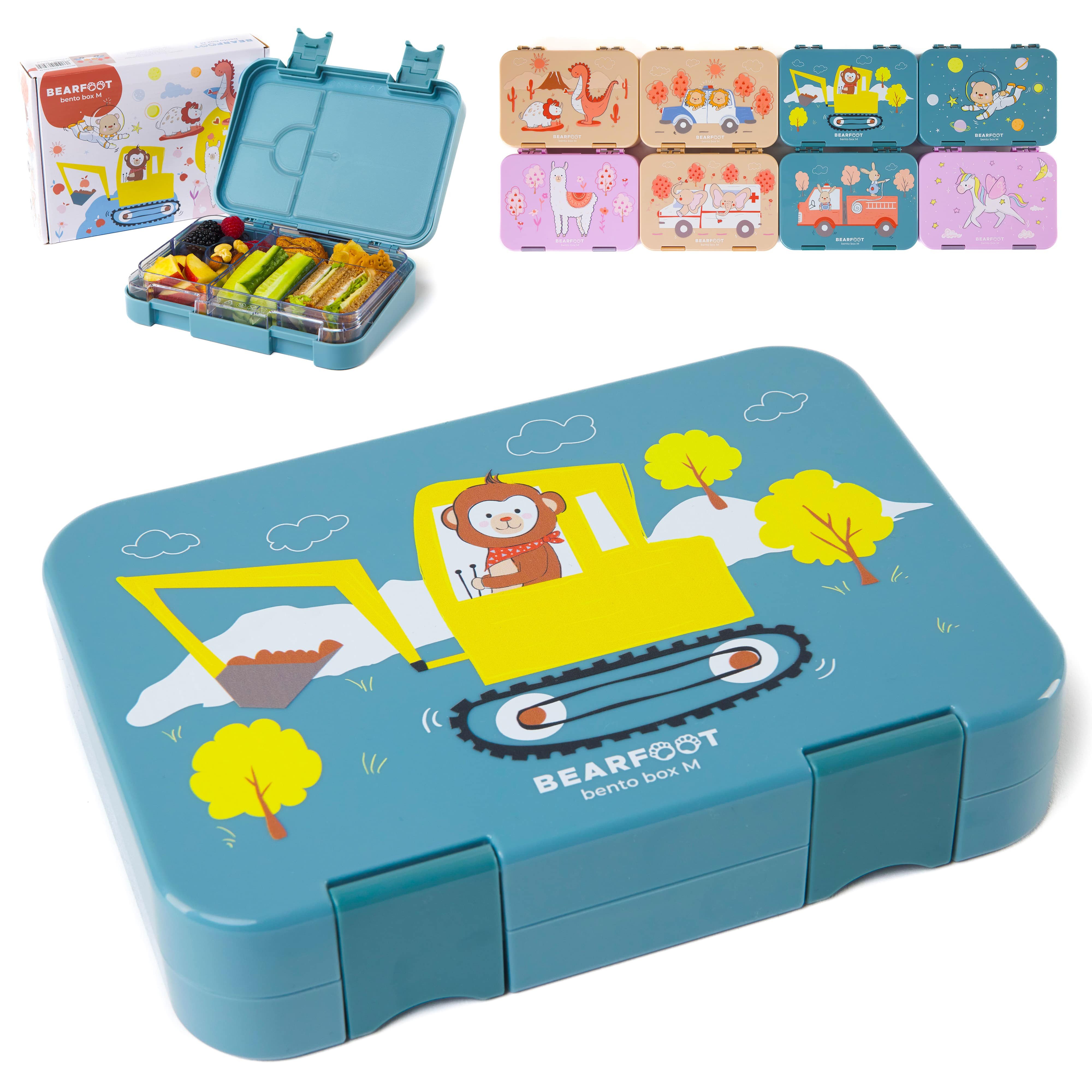 BEARFOOT Lunchbox Brotdose Kinder mit Fächern, Lunchbox, Bento box - Affe blau, handgezeichnete Designs, modular