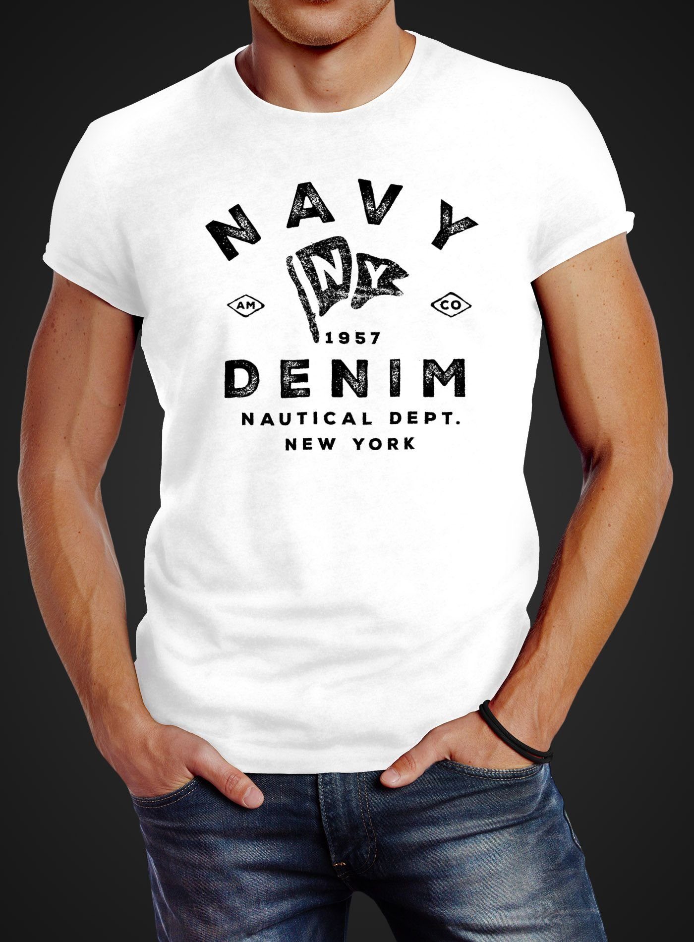 New mit Herren Neverless Vintage Neverless® weiß Print York Denim Schriftzug Print-Shirt Motiv Navy Nautical T-Shirt