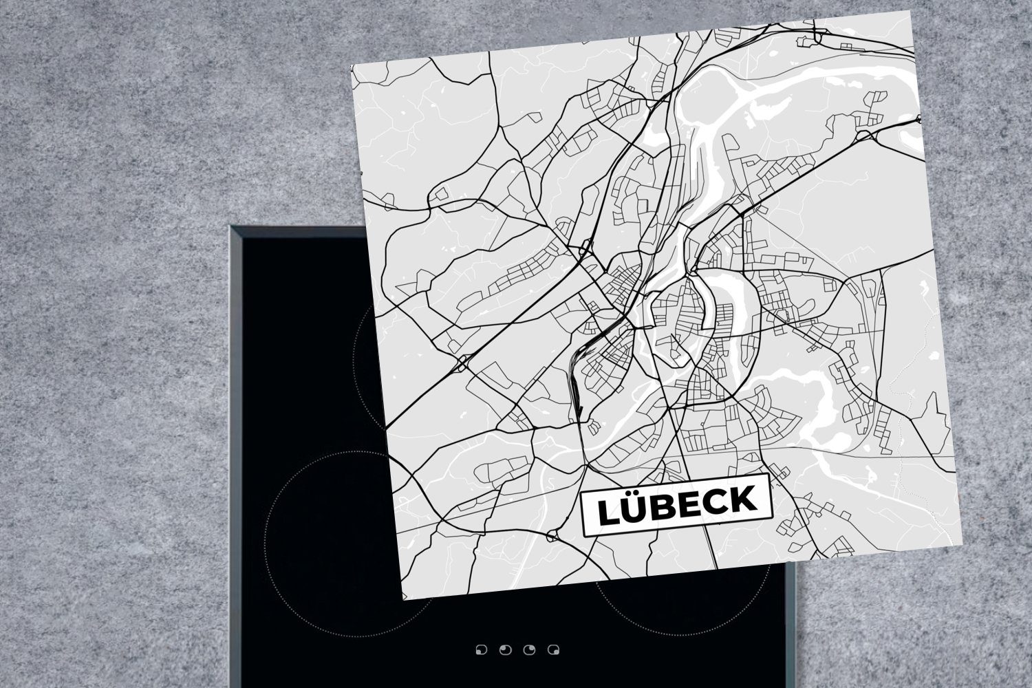 Vinyl, - MuchoWow 78x78 tlg), (1 - - cm, Stadtplan Lübeck für Ceranfeldabdeckung, Karte, Deutschland küche Arbeitsplatte Herdblende-/Abdeckplatte