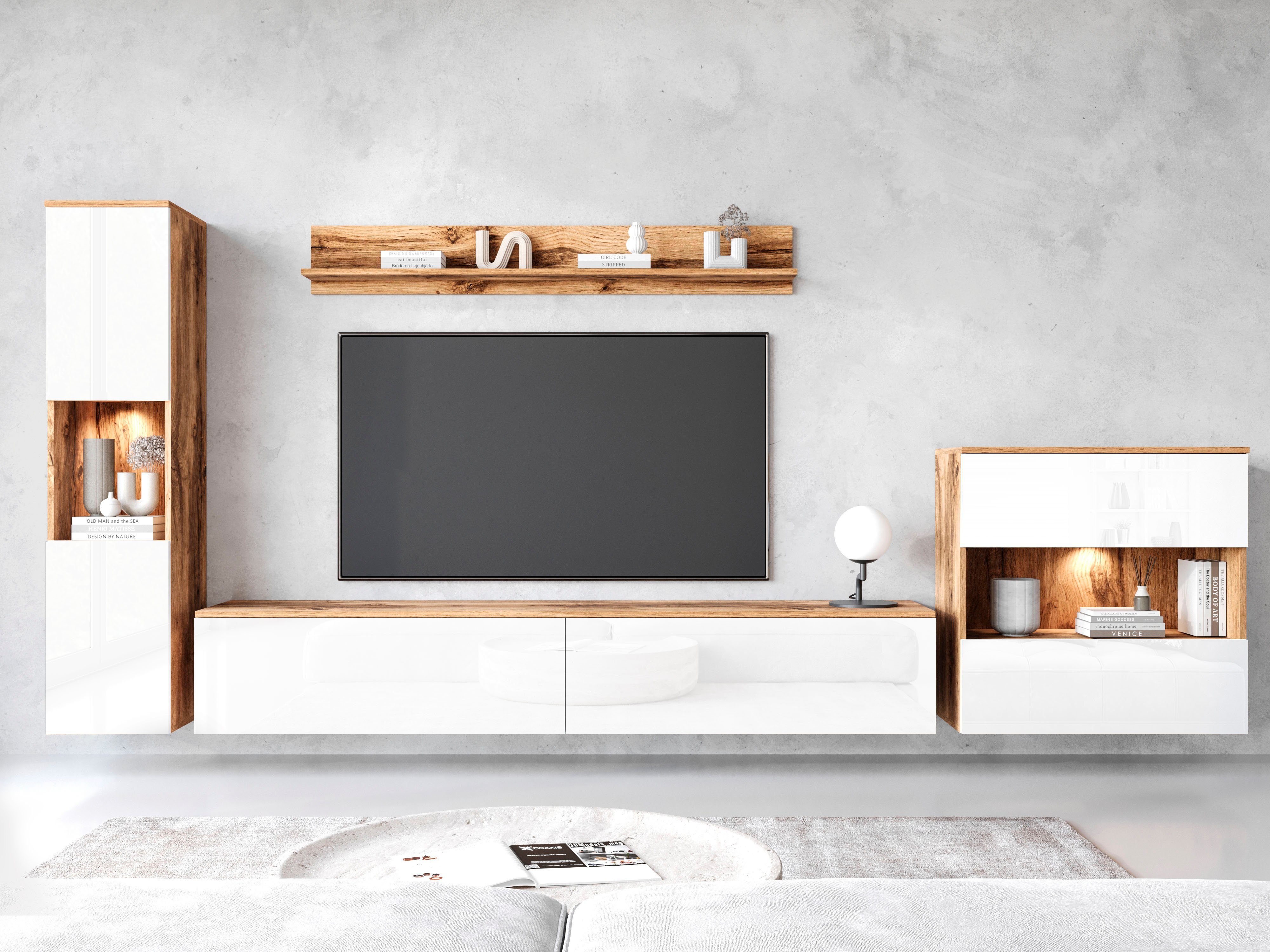 INOSIGN Wohnwand PARIS, Vitrine Türanschlag links/rechts wechselbar, (Komplett-Set, 4-St), grifflose Design, stehend und hängend montierbar