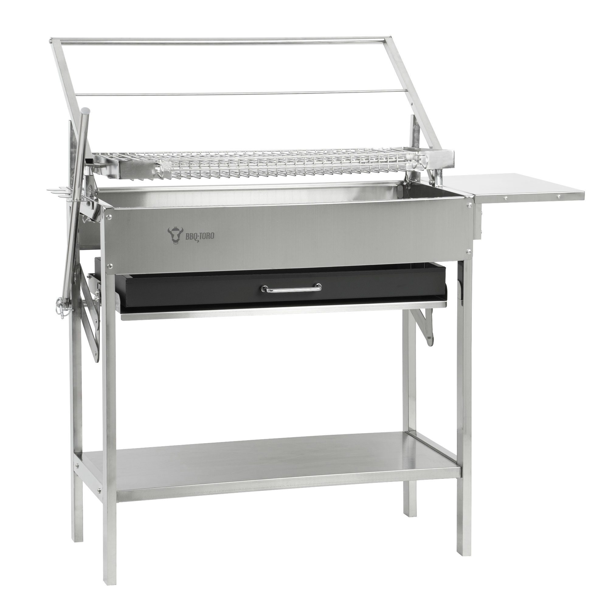 BBQ-Toro Holzkohlegrill Flip Grill mit 360° drehbarem Grillrost Edelstahl, 110 x 60 x 110 cm, 4-fach höhenverstellbare Kohlewanne