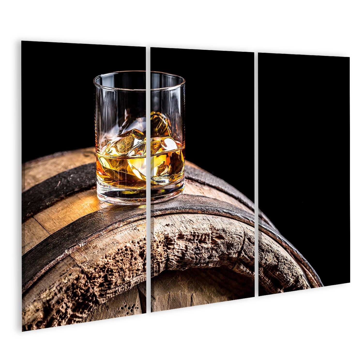 Leinwandbild Bild auf Leinwand Glas Whisky Eis Altes Holzfass Isoliert Schwarzer Hi