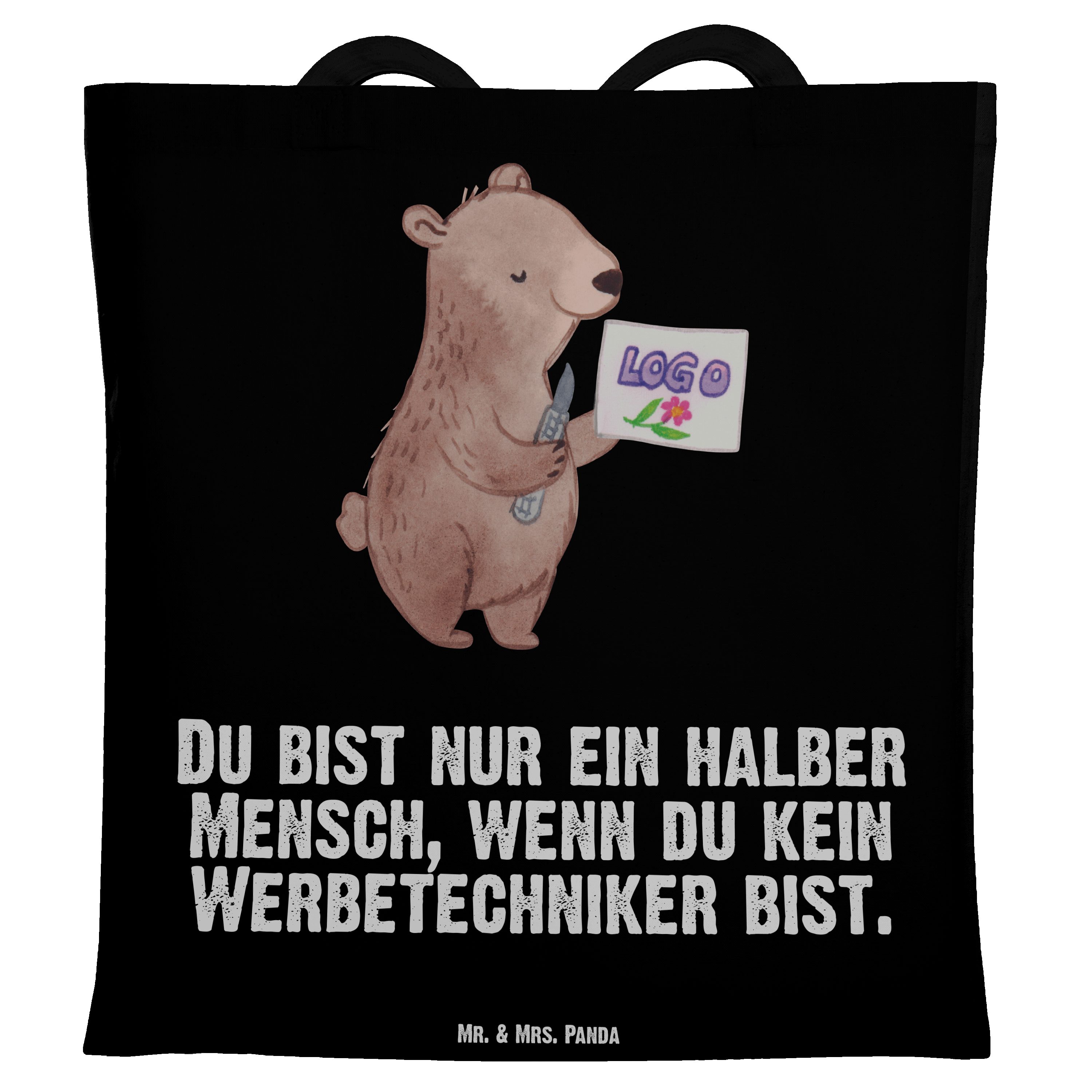 Mr. & Mrs. Panda Schwarz Einkaufstasche, Tragetasche mit - - (1-tlg) Herz Stoffbe Geschenk, Werbetechniker