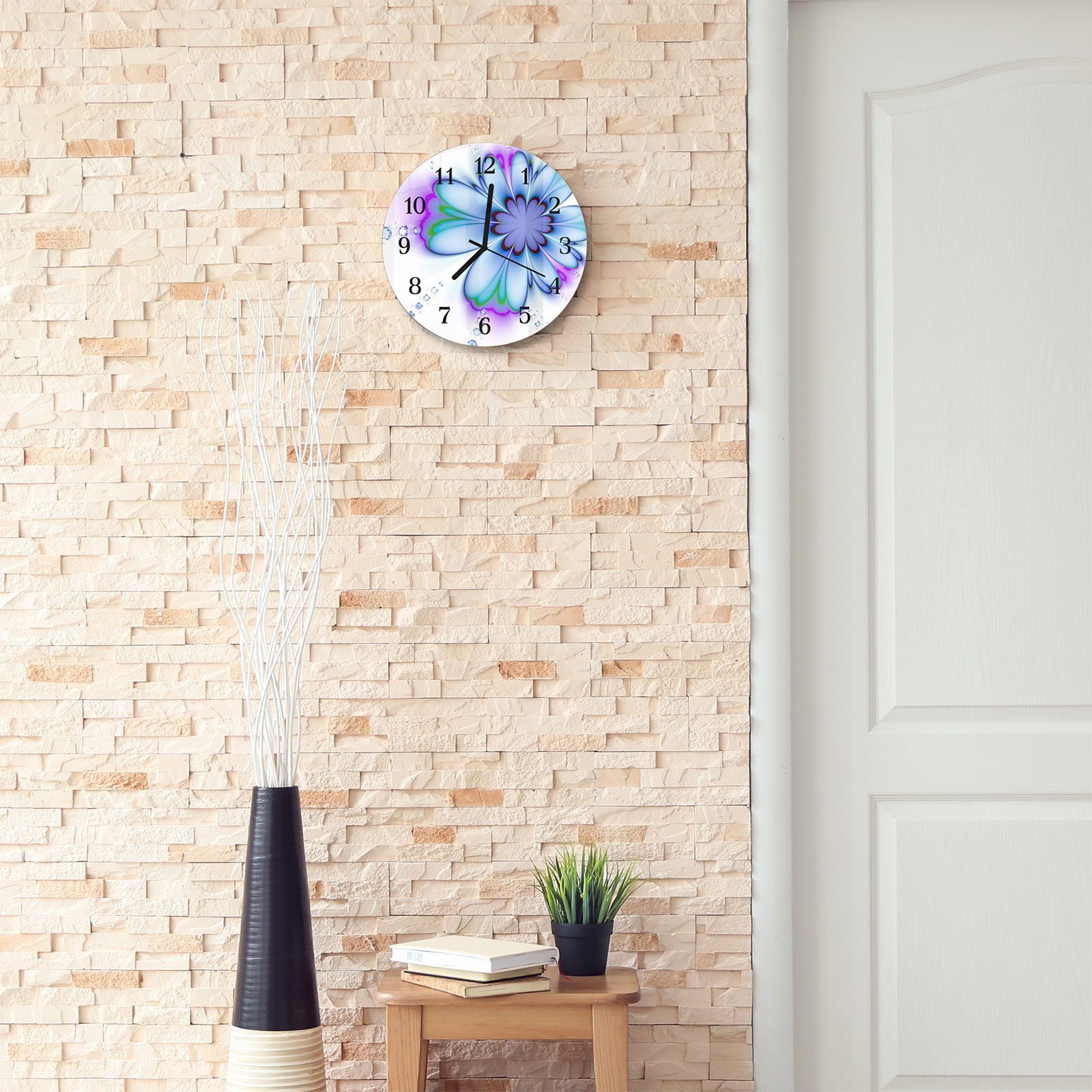 Primedeco Wanduhr Wanduhr aus Glas Digitale Durchmesser mit cm - mit und 30 Rund Motiv Blüte Quarzuhrwerk