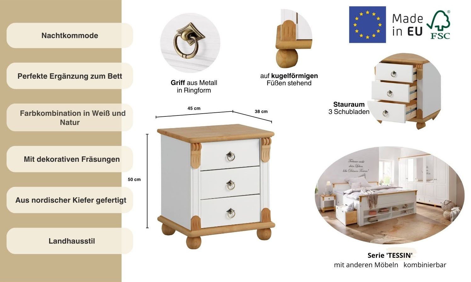 OTTO home Nachtkommode Tessin, aus massiver FSC®-zertifizierter Kiefer, mit 3 Schubladen