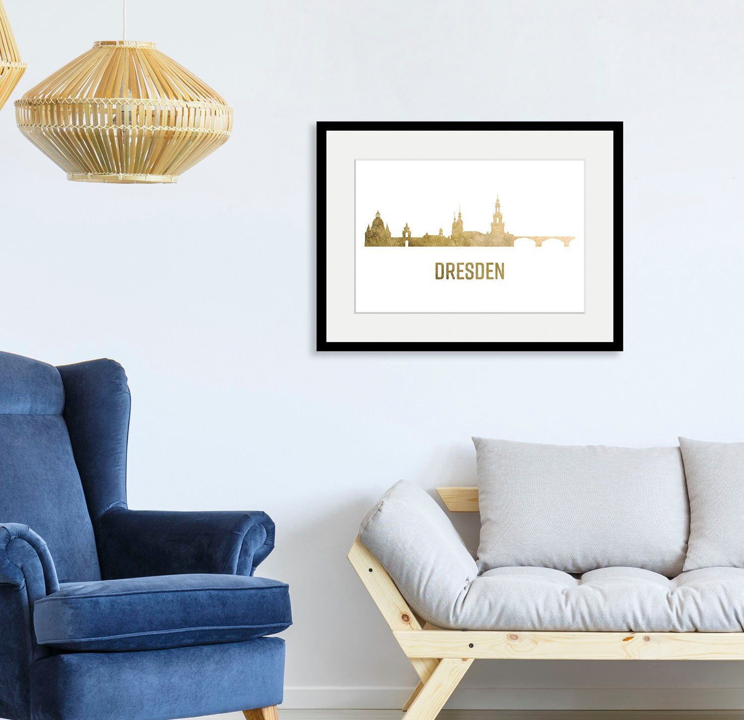 queence Bild Dresden Skyline GOLD, Deutschland, Dresden, Schriftzug, Stadt, Städte (1 St), HD Premium Poster-Druck inkl. Holzrahmen