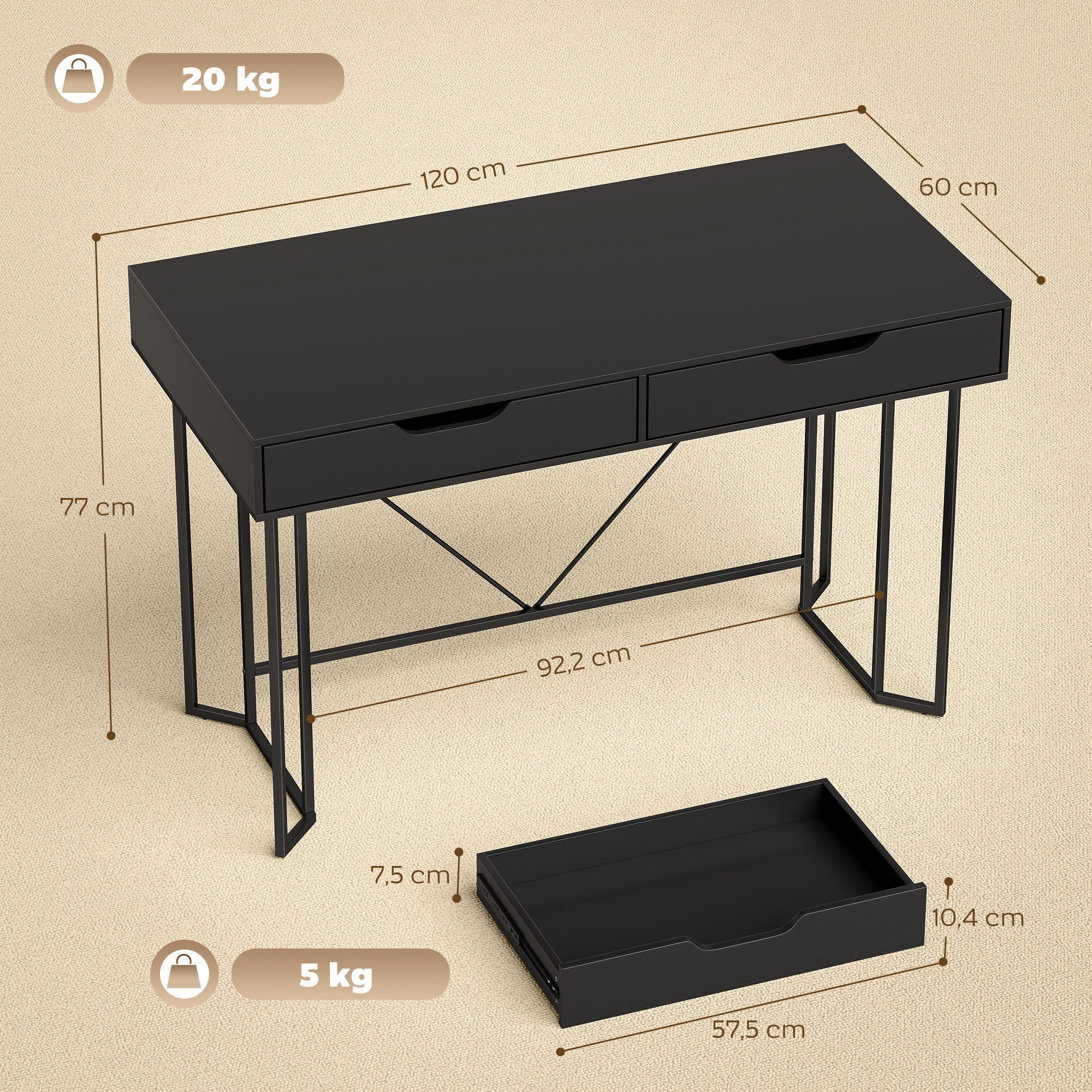 HOMCOM Schreibtisch Computertisch mit 2 Schubladen Bürotisch im Modern-Design (Bürotisch, 1-St., Computertisch), 120 x 60 x 77 cm Schwarz