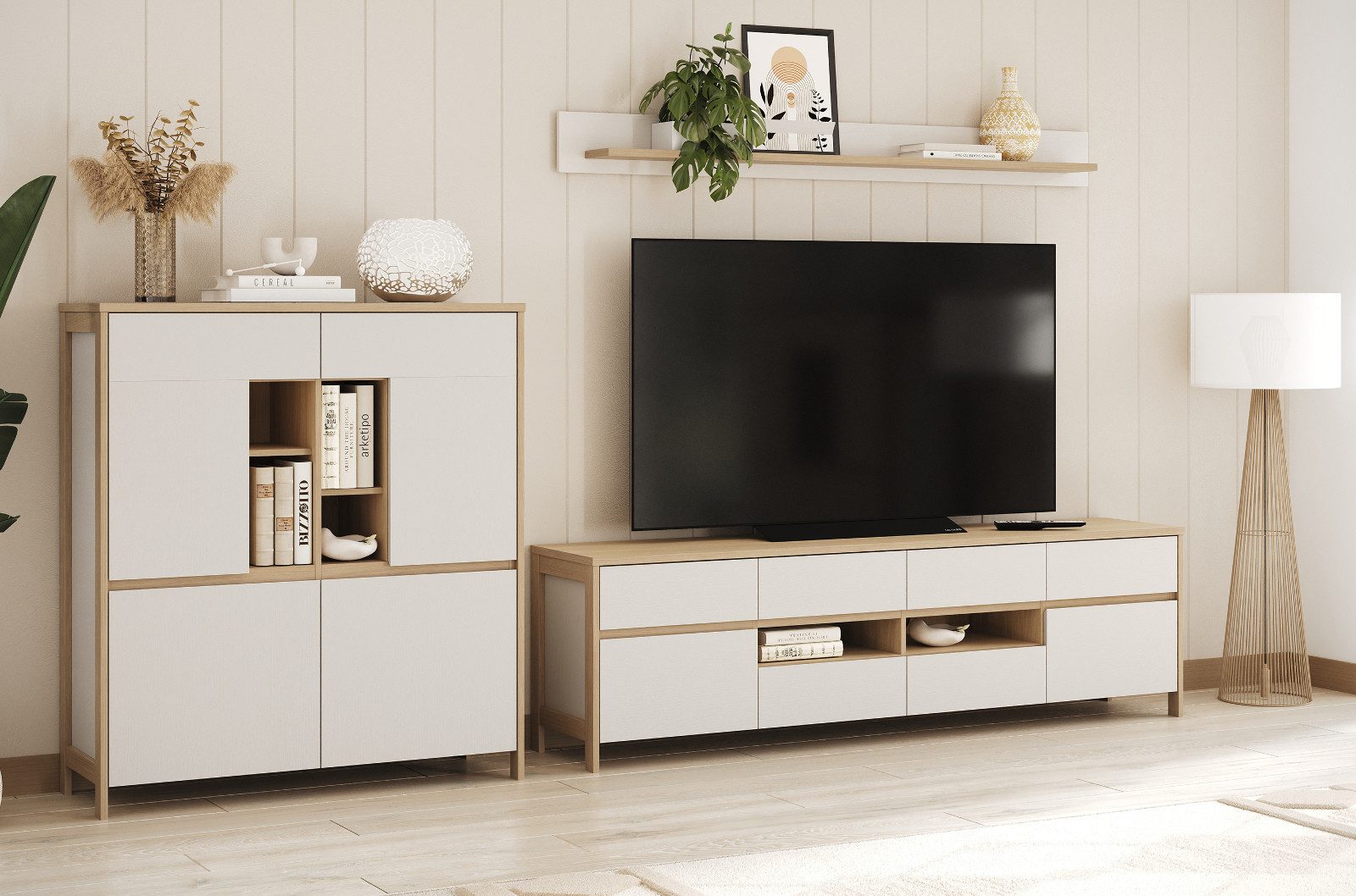 Furn.Design Wohnwand Finnes, (Wohnzimmer Set 3-teilig Eiche weiß und Eiche natur, Scandi Design, Breite 310 cm), mit viel Stauraum und Soft-Close-Funktion