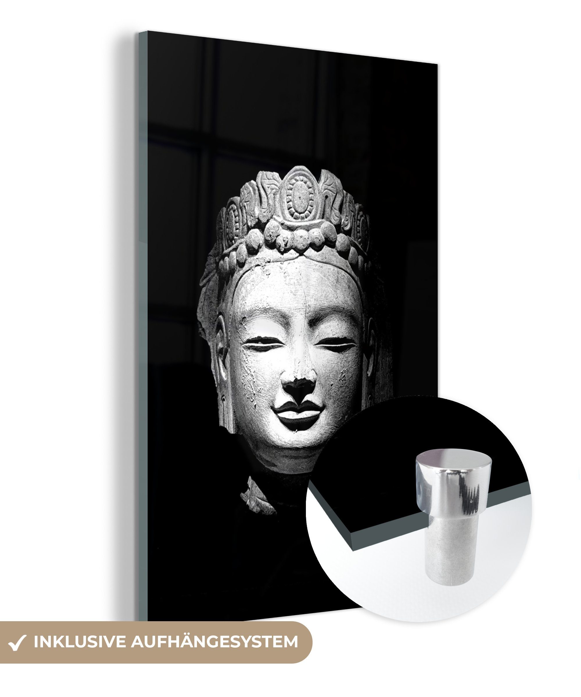 MuchoWow Acrylglasbild Kopf eines Steinbuddhas vor einfachem Hintergrund - schwarz und weiß, (1 St), Glasbilder - Bilder auf Glas Wandbild - Foto auf Glas - Wanddekoration bunt