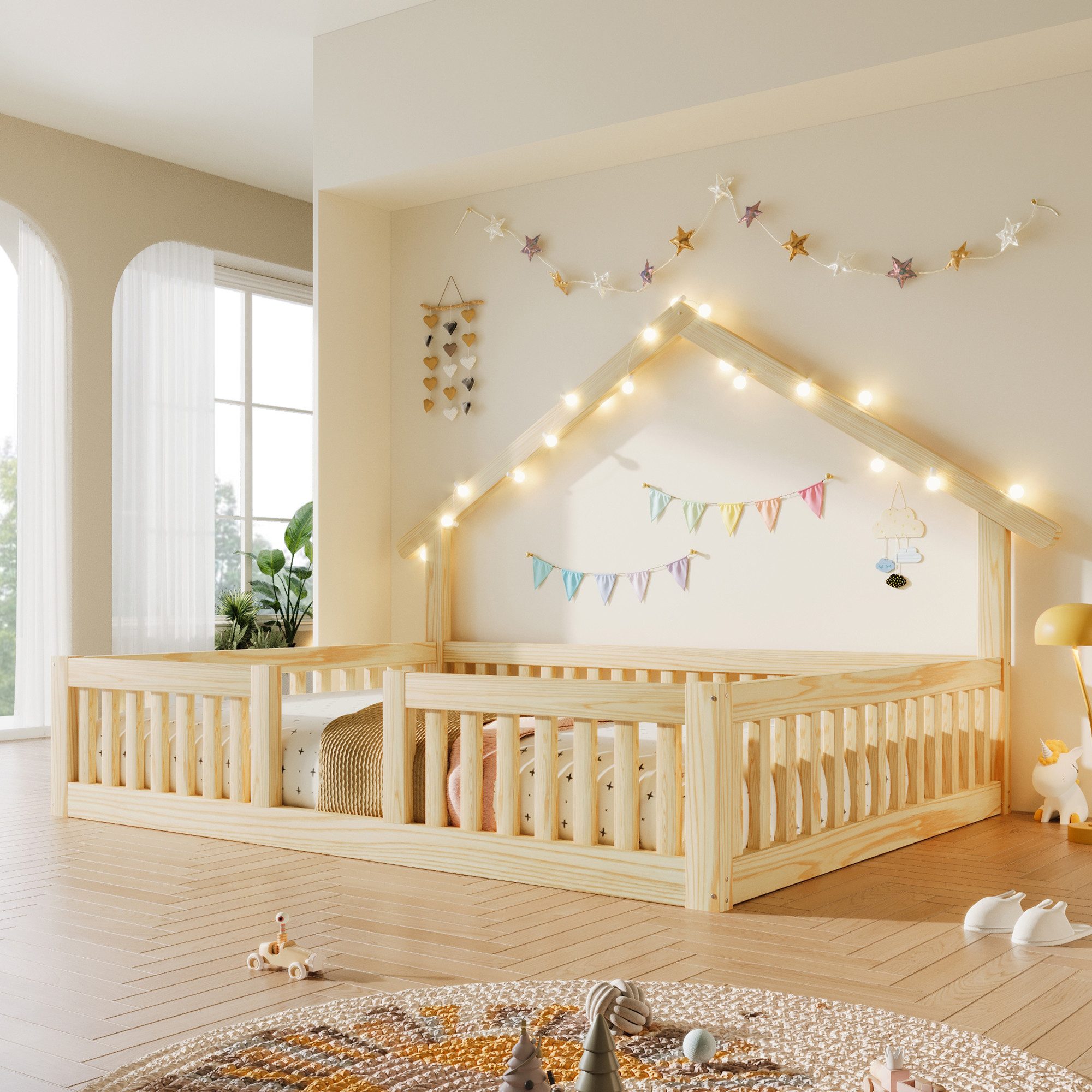 Flieks Kinderbett, Hausbett Bodenbett 140x200cm mit LED-Lichterkette ohne Lattenrost