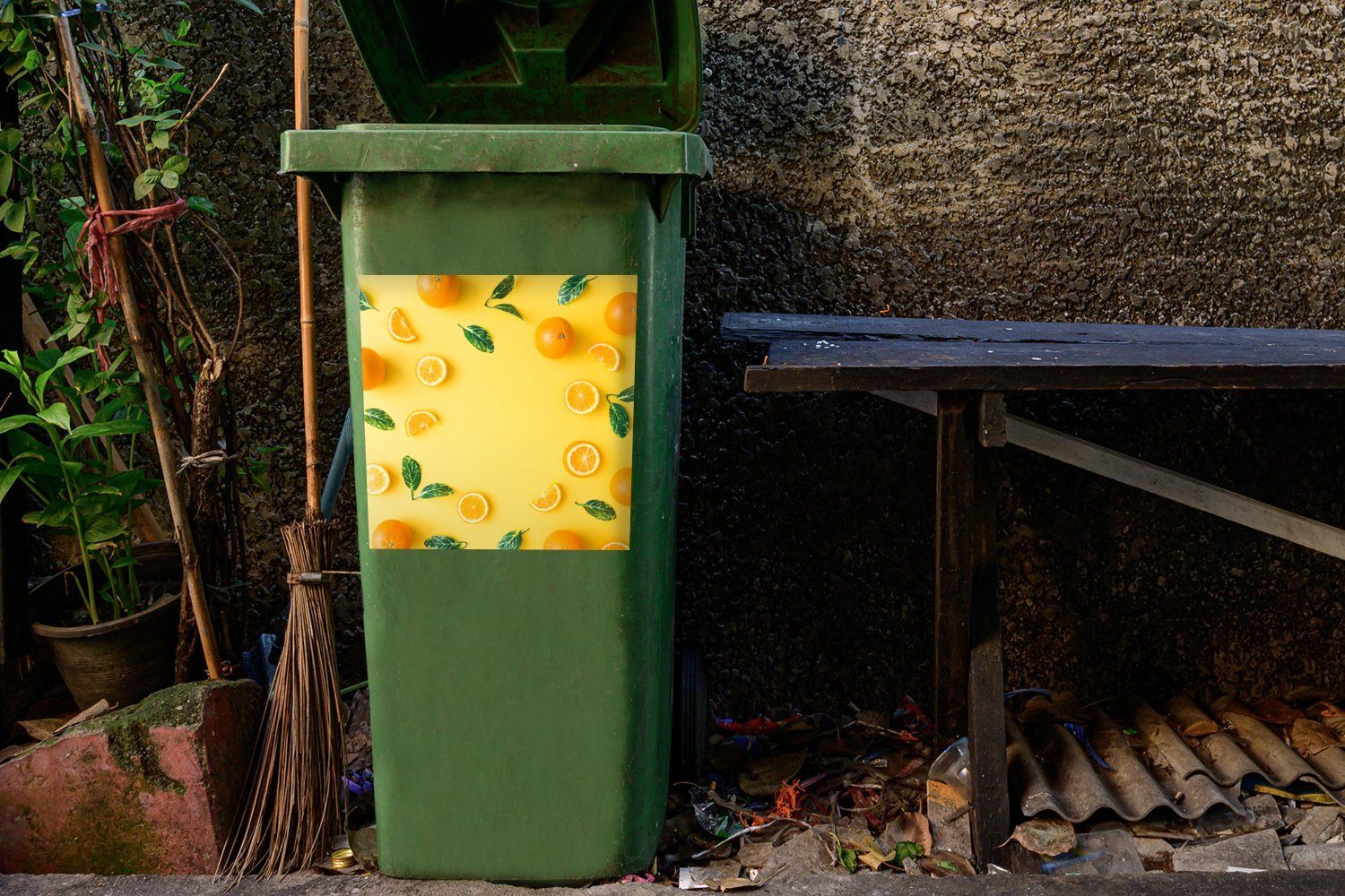 Orange Mülltonne, St), Mülleimer-aufkleber, - Sticker, Obst Wandsticker MuchoWow - Gelb (1 Container, Abfalbehälter