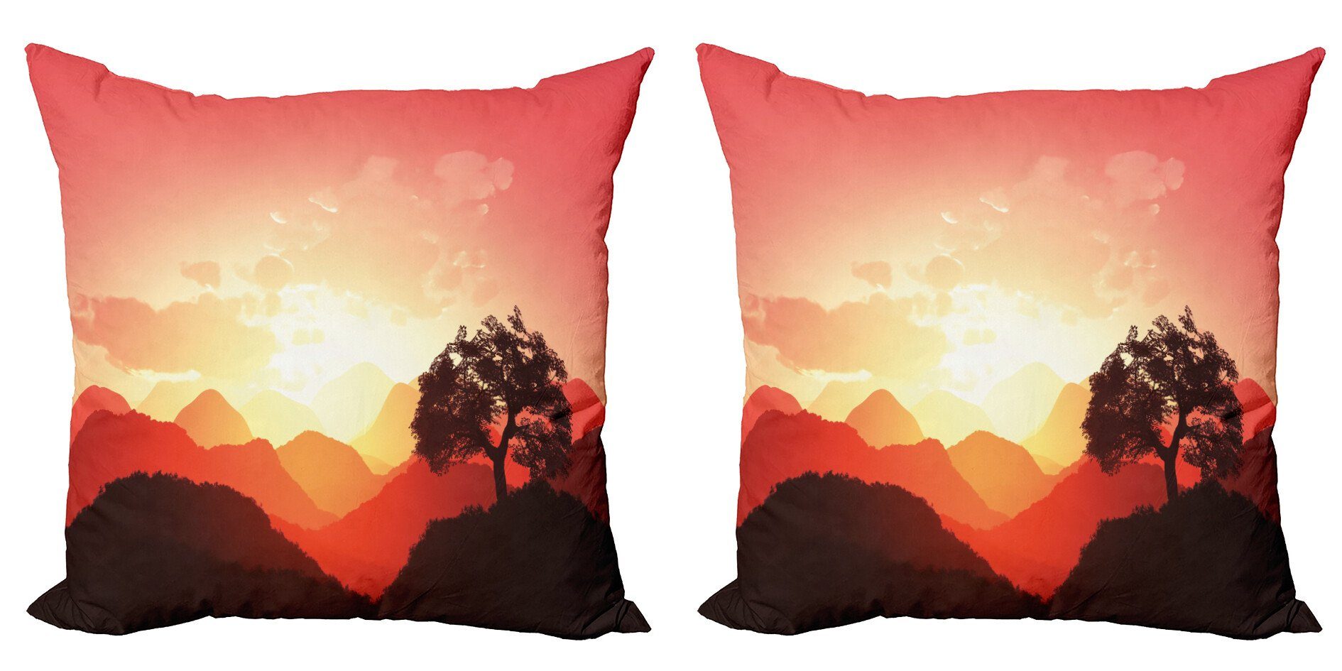 Kissenbezüge Modern Accent Doppelseitiger Digitaldruck, Abakuhaus (2 Stück), Natur Sonnenuntergang-Baum Berge | Kissenbezüge
