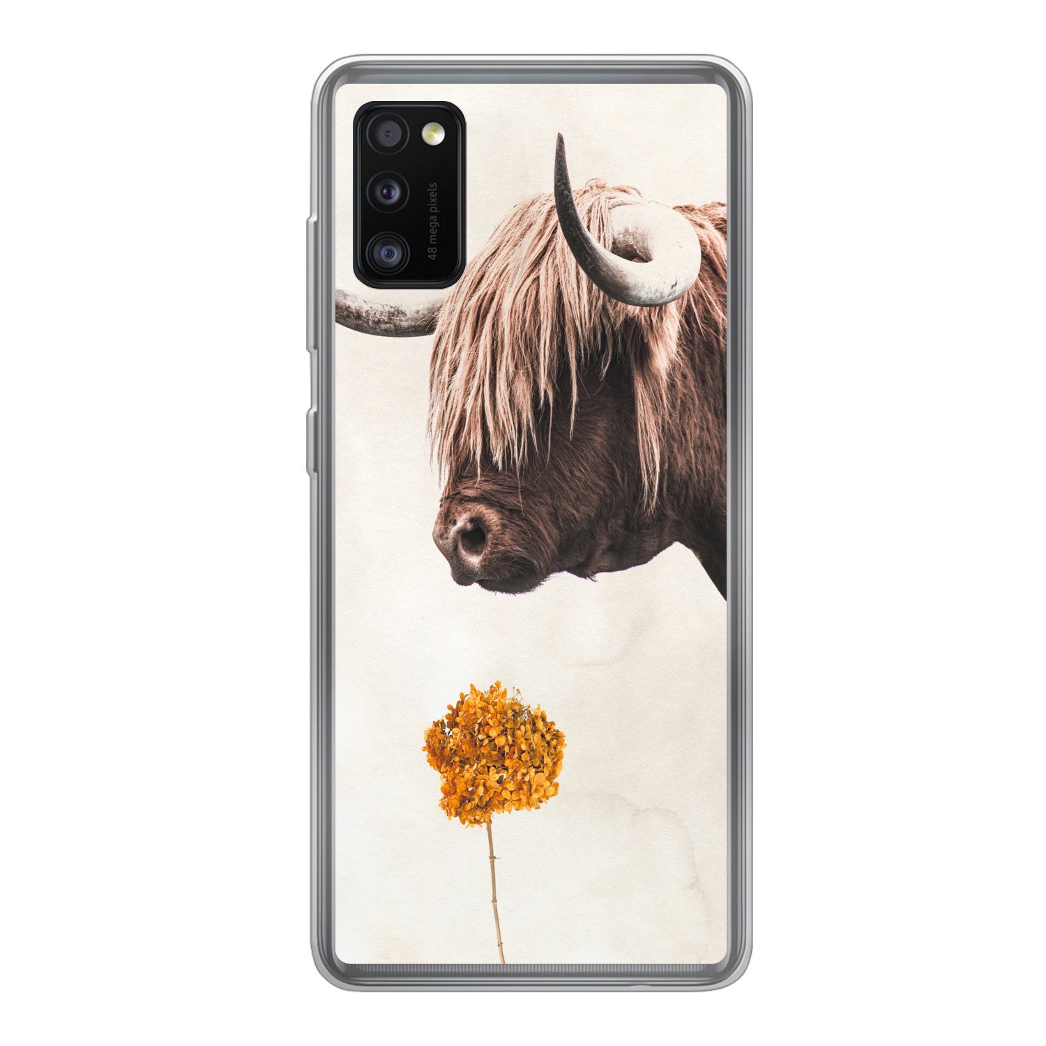 MuchoWow Handyhülle für Samsung Galaxy A41 Schottischer Highlander - Vintage - Blume, Smartphone-Bumper, Print, Handy Schutzhülle Dünn