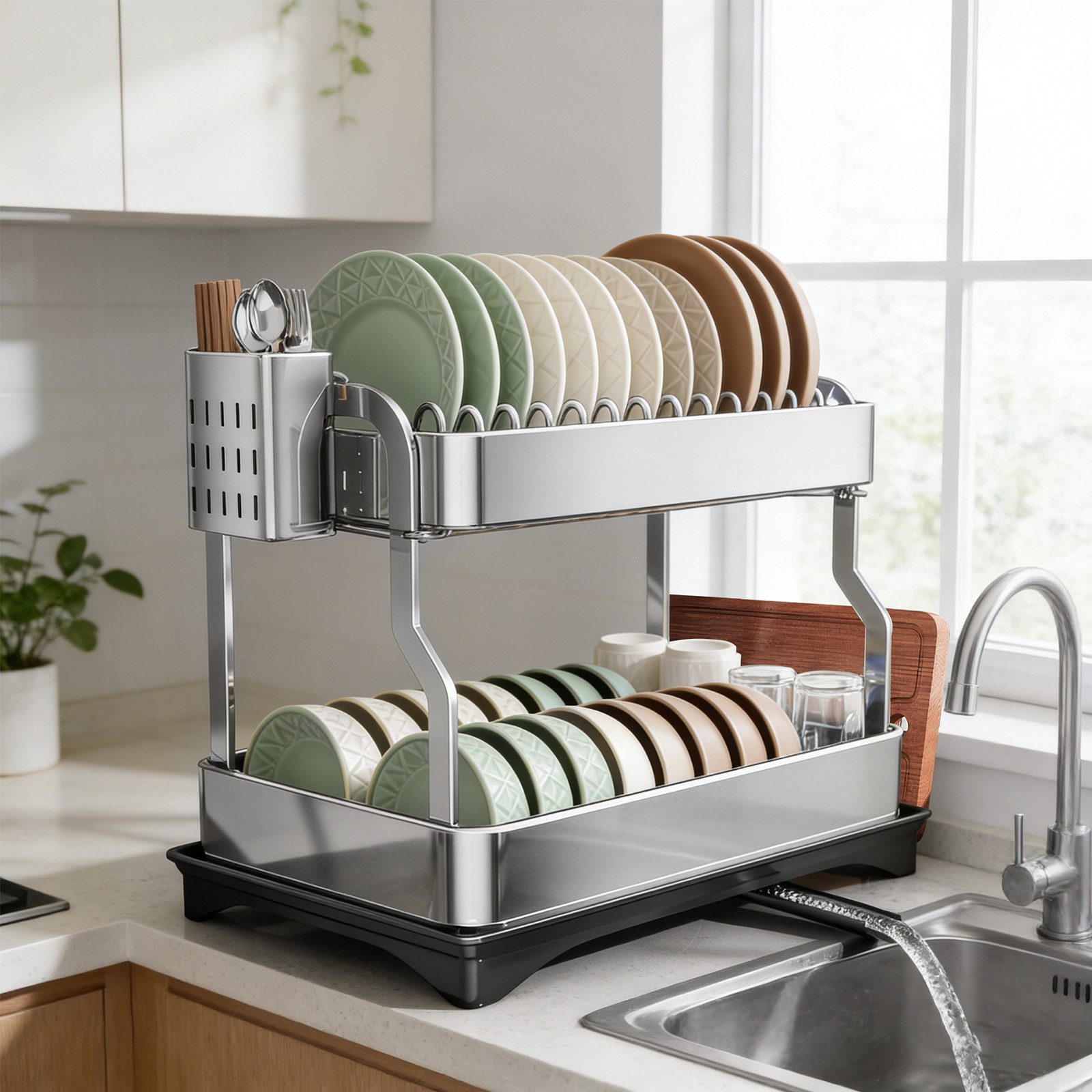 BlingBin Geschirrständer Abtropfgestell Geschirr,Geschirr Abtropfständer mit 360° Ablauf, Küchentheke Organizer mit Utensilienhalter für Geschirr, Tassen