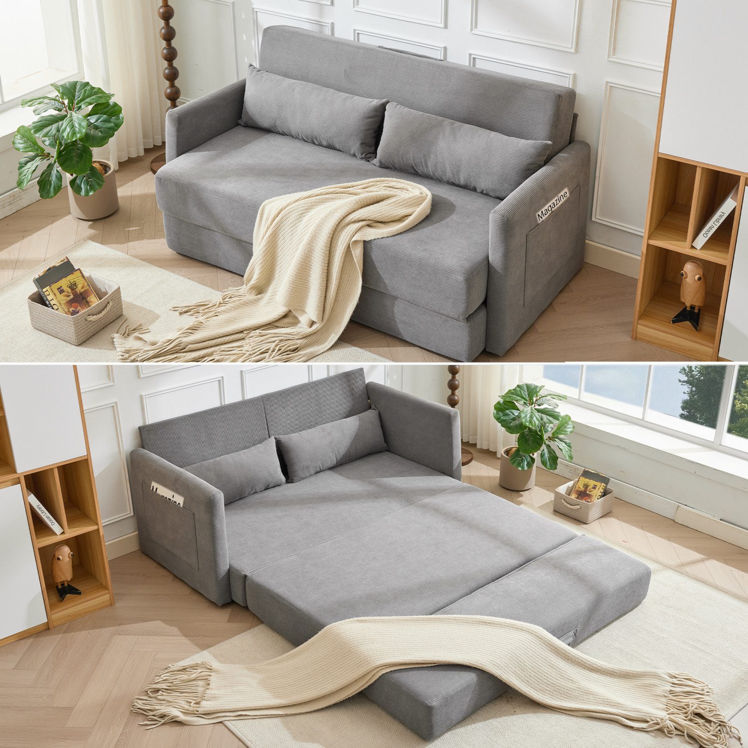 ANYSUN Loungesofa Faltbares Schlafsofa, 2-Sitzer-Couch,das 2-in-1 Klappsofa, Bodensofa-Bett,Cordstoff,mit zwei Lendenkissen, bequemes Cord Bodensofa für Wohnzimmer,Wohnung,kleine Räume