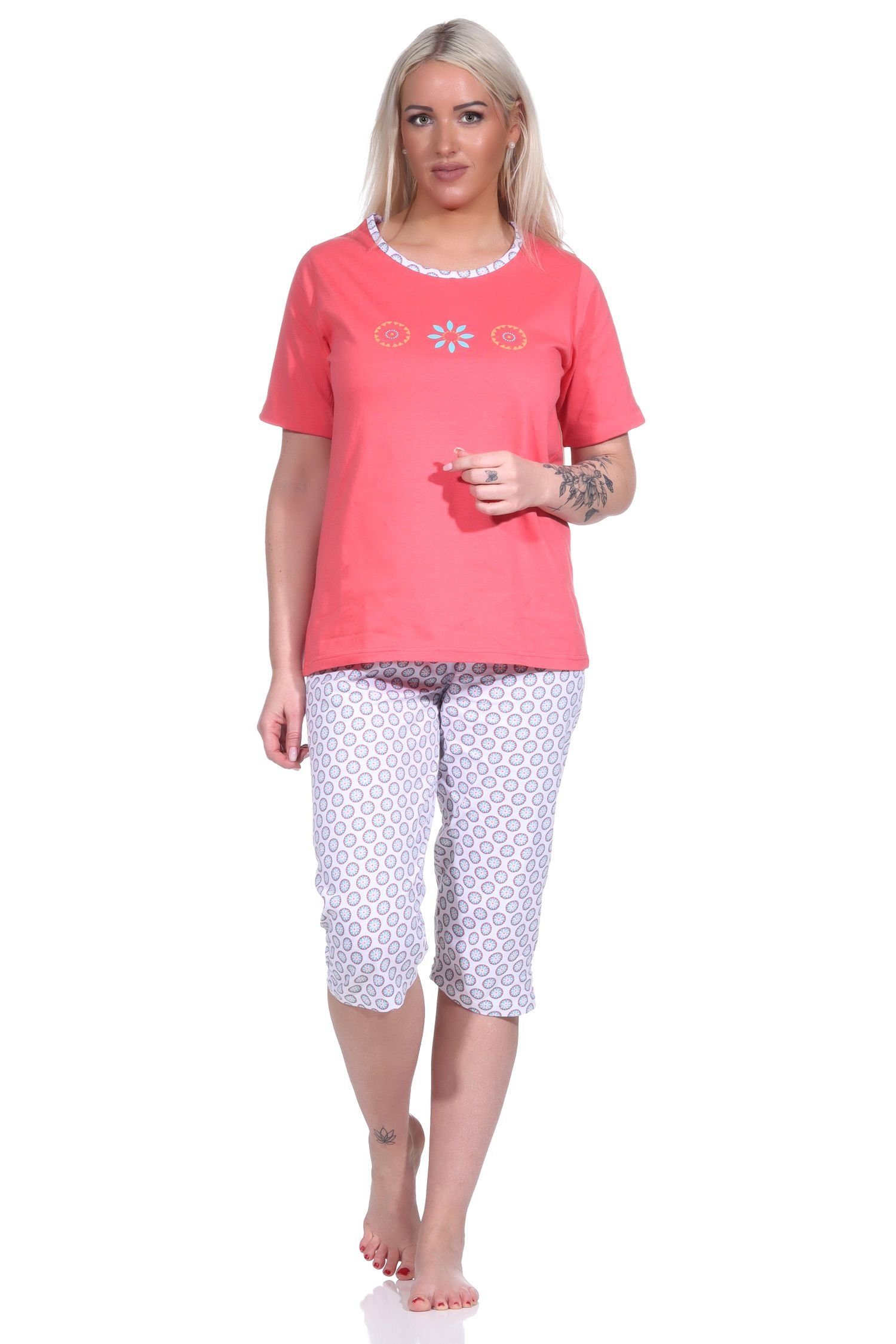 Normann Pyjama Damen Schlafanzug Capri, Pyjama mit Blümchen-Muster und Caprihose rot