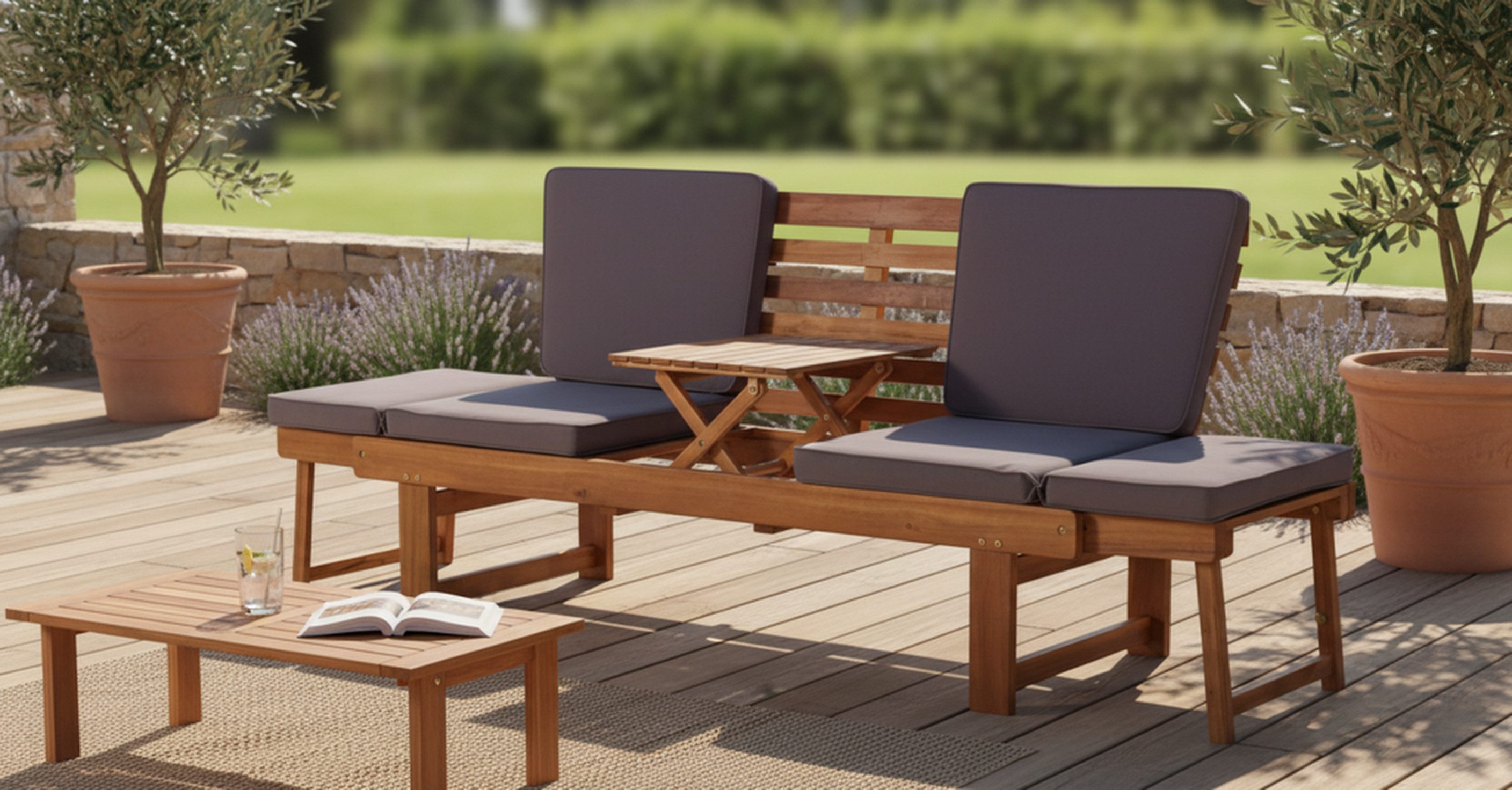 Wohnando Sitzbank Gartenbank "Monte" 202x 67x87cm (BxTxH), massives Akazienholz, FSC (1-St), braun, graue Sitzauflage, ausklappbarer Tisch, umklappbare Seitente – Bild 4 von 5