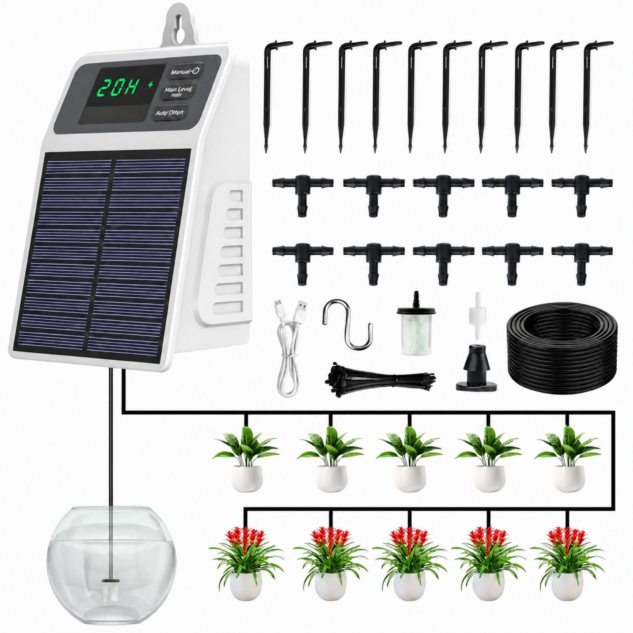 Blossom Bewässerungssystem Solar Bewässerungssystem Tropfbewässerung Set Automatisch, Akku, USB-C, (Bewässerungscomputer, 10 Tropfern, 10 m Schlauch, 30 Bewässerungsmodi), Gartenbewässerung für Balkon, Hochbeet & Gewächshaus