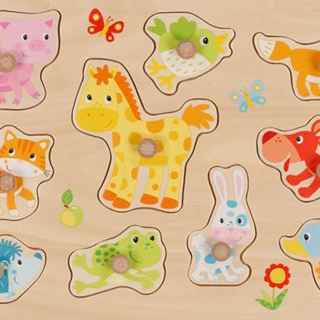 goki Steckpuzzle Steckpuzzle Tierkinder, 10 Puzzleteile, Mit kindgerechten Holzknöpfe auf den Puzzlestücken