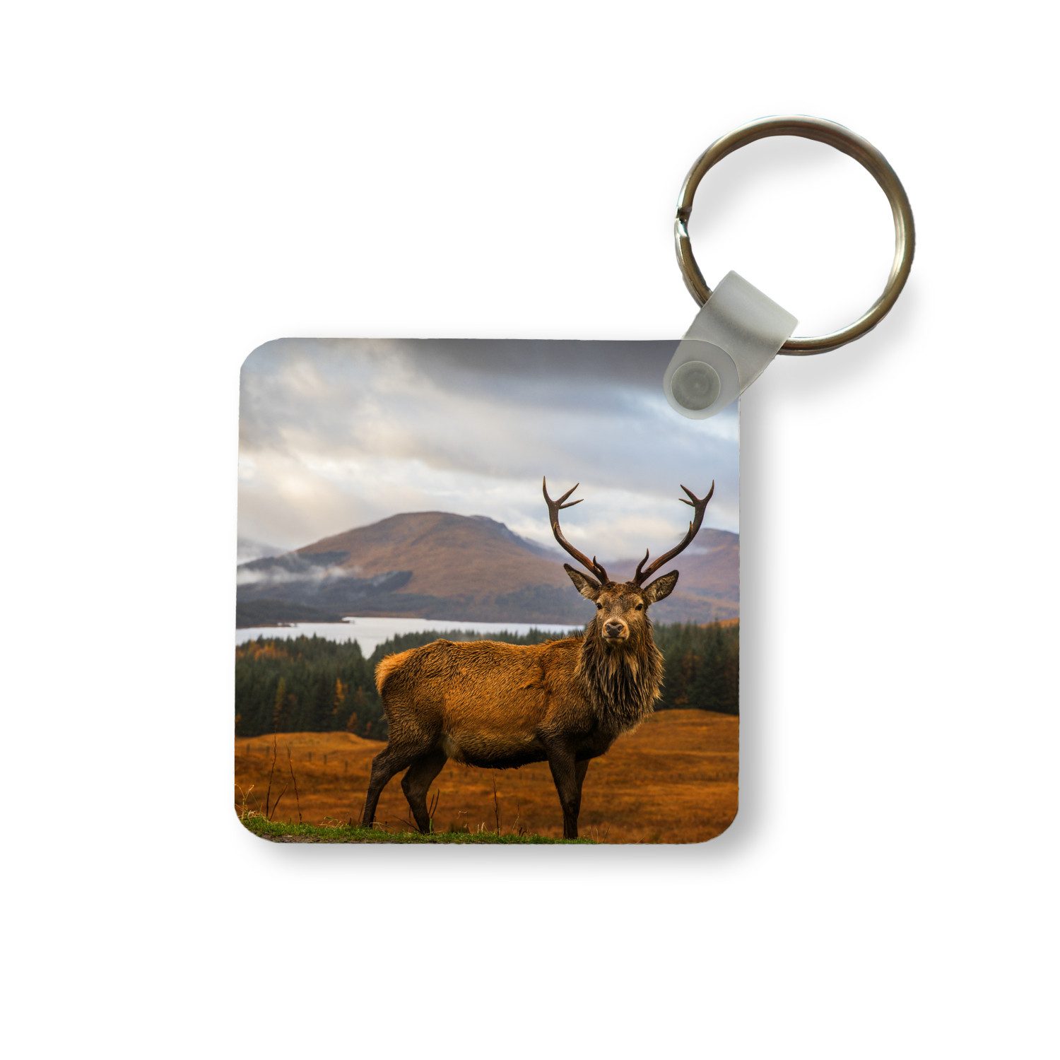 MuchoWow Schlüsselanhänger Hirsche - Berge - Wasser - Landschaft - Tiere - Bäume, Quadratisch, Accessoire Auto / Haus / Rucksack / Handtasche, 5x5 cm