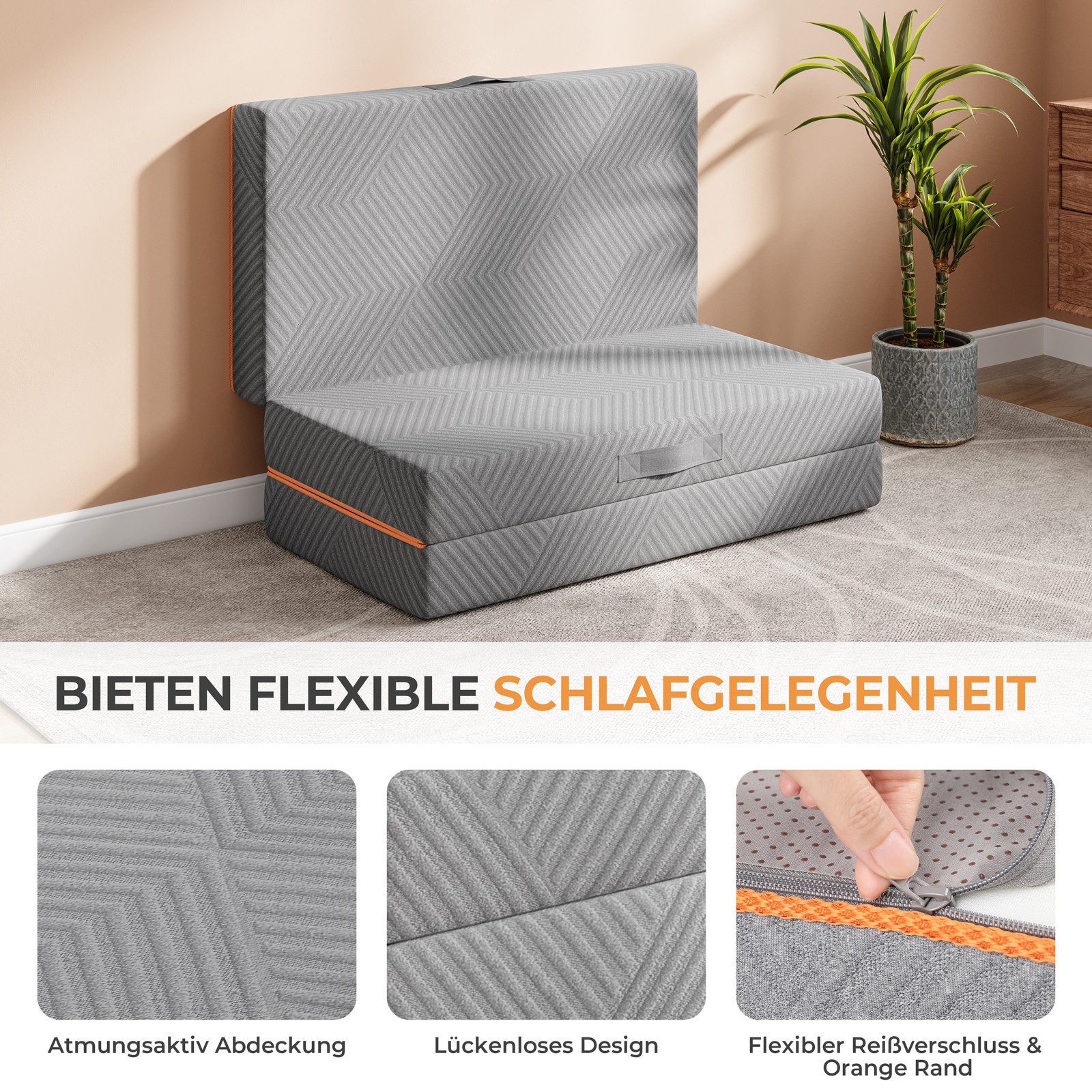 Klappmatratze 3-teilige Faltmatratze Gästematratze in grau Gästebett klappbar, Vesgantti, mit waschbarem Bezug, Camping Matratze, 10CM hoch, 15CM hoch – Bild 5 von 5