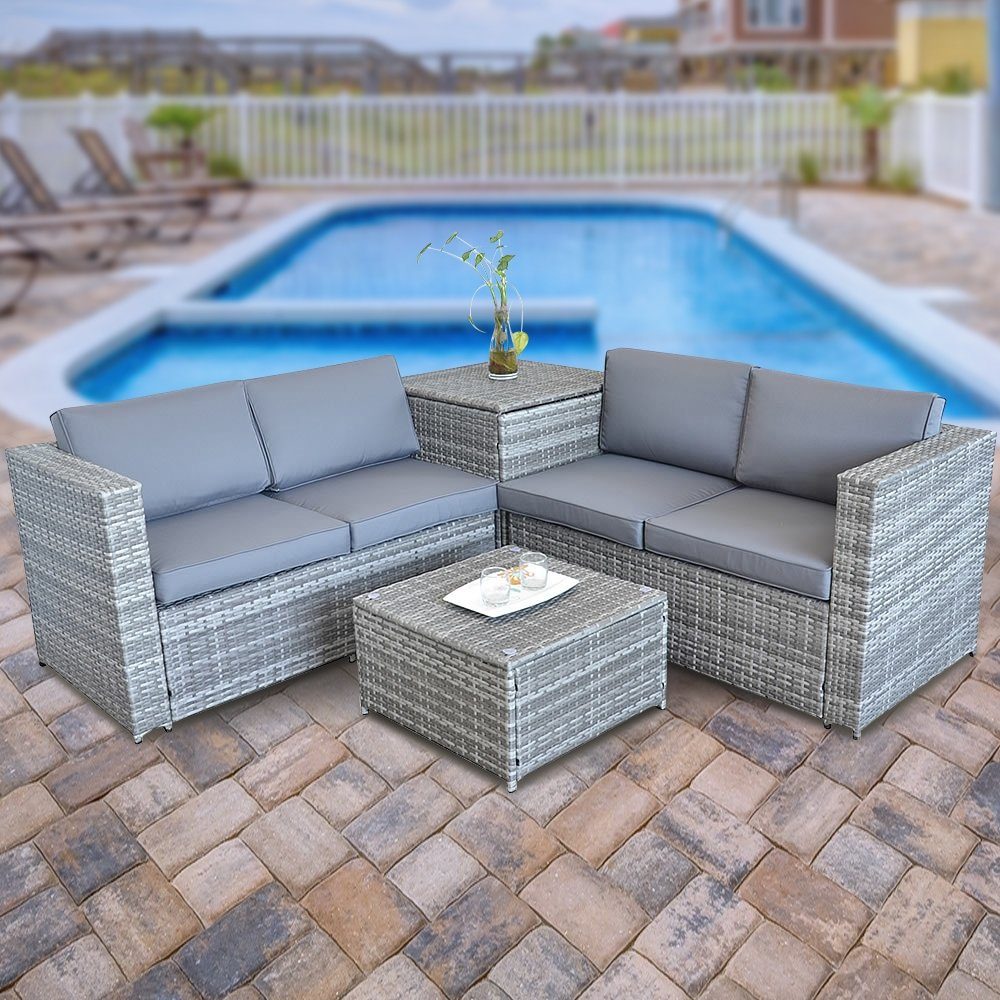 Feel2Home Garten-Essgruppe PolyRattan Sitzgruppe mit Auflagenbox in Schwarz günstig online kaufen
