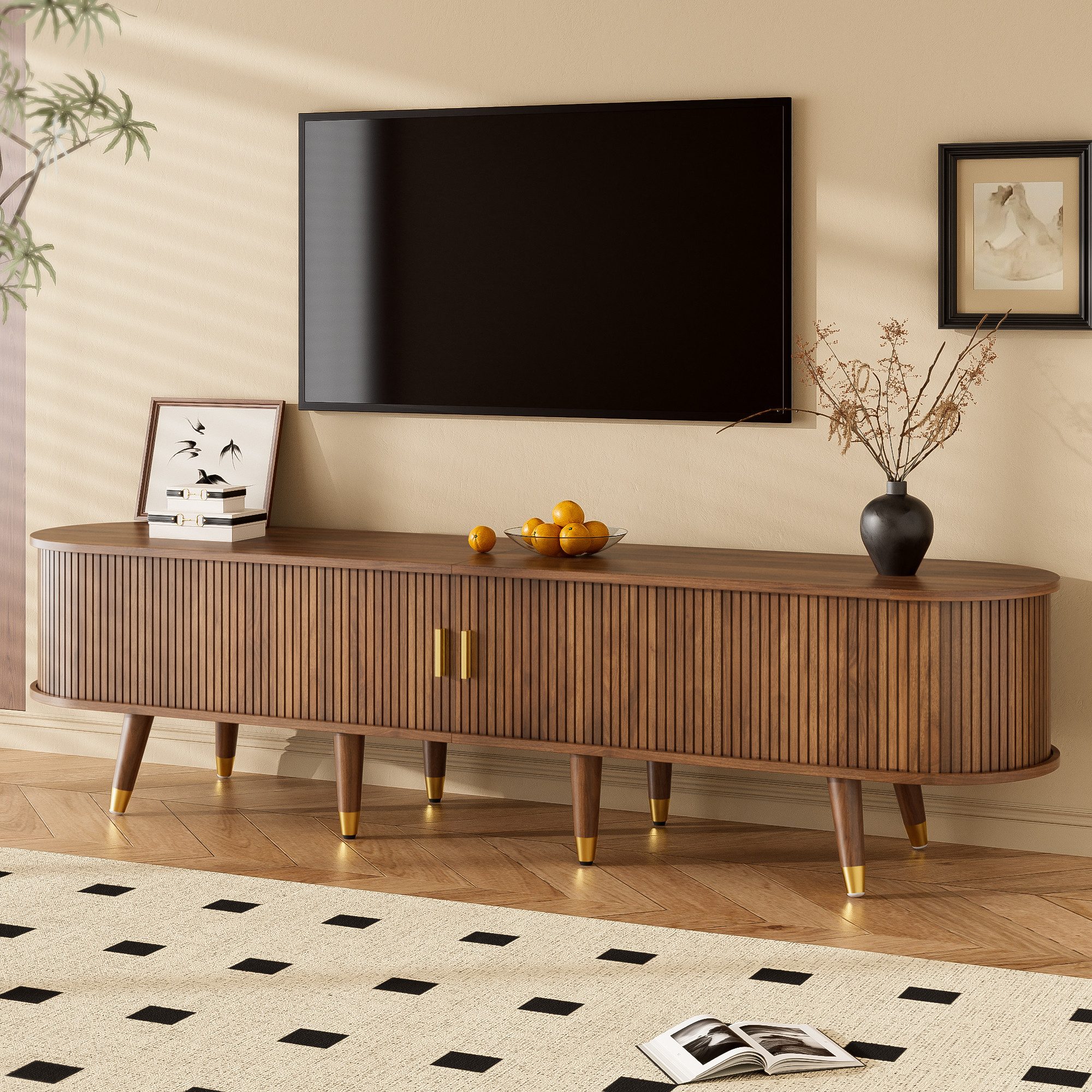 KLAM HOME Lowboard TV-Schrank 175 cm mit Rattan-Schiebetür, Walnussoptik & viel Stauraum (mit Schubladen & Schrank – natürliches Design), Landhausstil Fernsehtisch aus MDF mit offenen Fächern