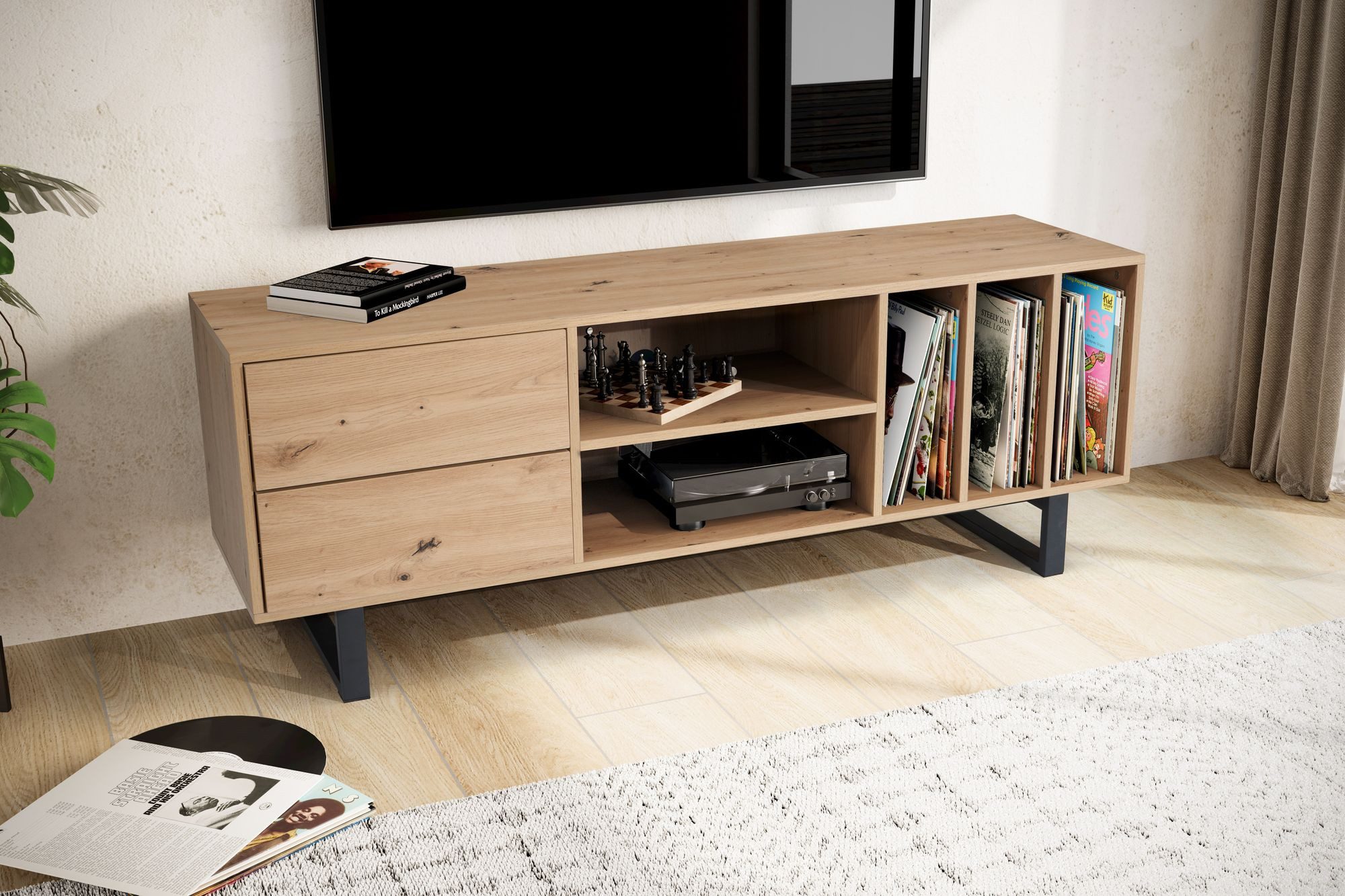 FINEBUY Lowboard FB56046 Fernsehkommode 150 cm TV Schrank Regal Fernsehschrank Modern (TV-Kommode Hoch, TV-Schrank Modern Fernsehtisch), Eiche-Dekor, 150x55x40 cm, zwei Schubladen