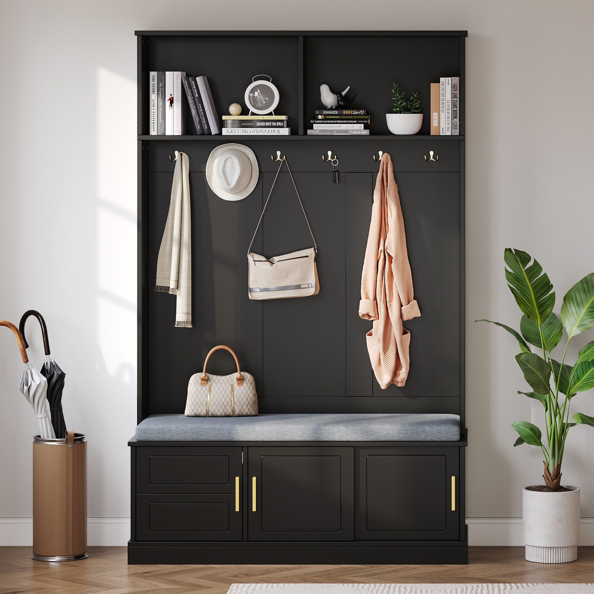 Merax Garderoben-Set mit Schuhbank & 6 Haken, (1-St., B120/T40/H191 cm), Garderobenständer Flurgarderobe mit Ablage & 3 Türen, freistehend