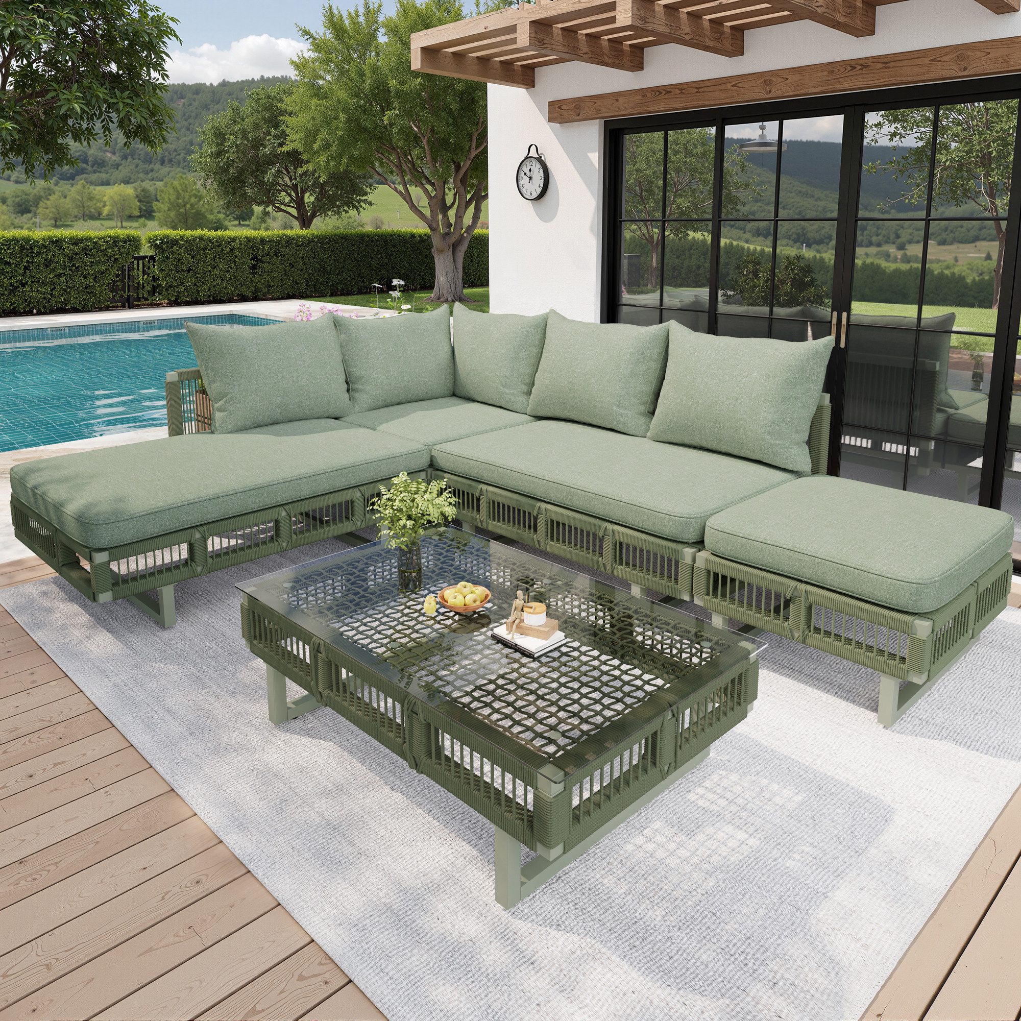 Flieks Gartenlounge-Set, 6-Sitzer Gartenmöbel Sitzgruppe Seilgeflecht mit Glas-Tischplatte