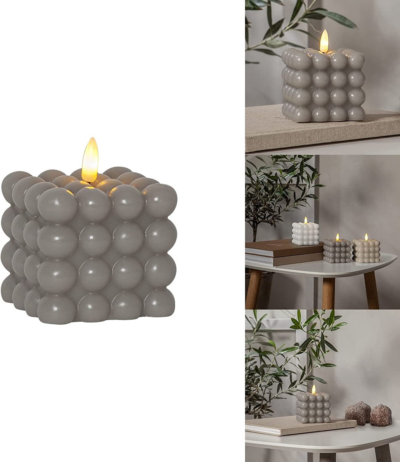 LED Dekolicht LED Bubble Stumpen Kerze Dot, Echtwachs, grau