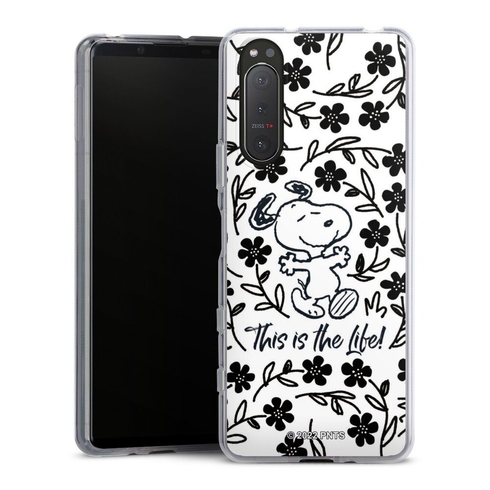 DeinDesign Handyhülle Peanuts Blumen Snoopy Snoopy Black and White This Is The Life, Sony Xperia 5 II Silikon Hülle Bumper Case Handy Schutzhülle