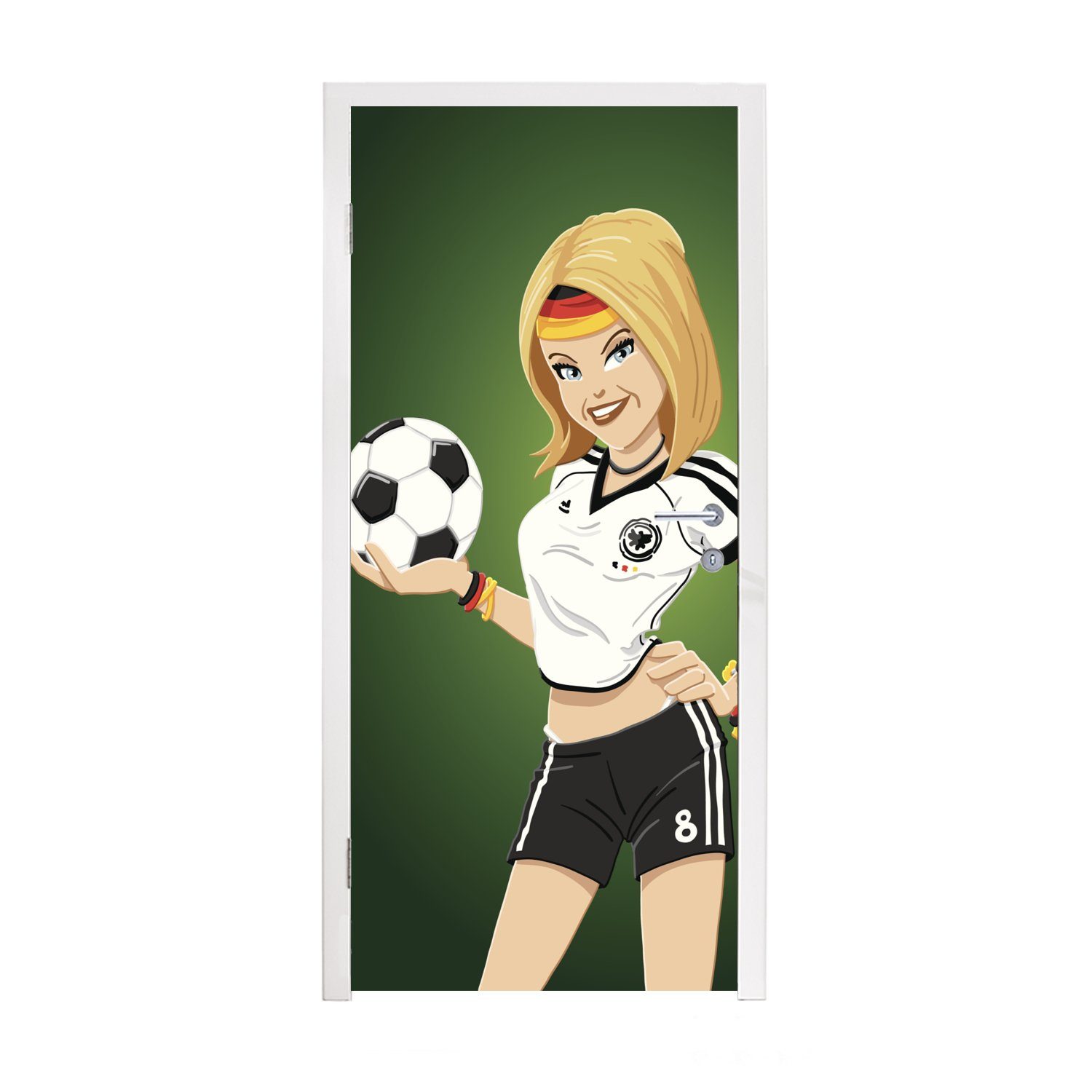 MuchoWow Türtapete Illustration eines Mädchens mit deutscher Kleidung und einem Fußball -, Matt, bedruckt, (1 St), Fototapete für Tür, Türaufkleber, 75x205 cm