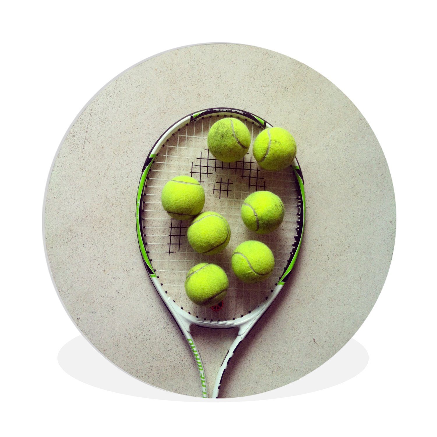 MuchoWow Gemälde Tennisschläger mit vielen Tennisbällen, (1 St), Kreis Wanddekoration Forex, Rundes Wandbild, Wohnzimmer, 30x30 cm