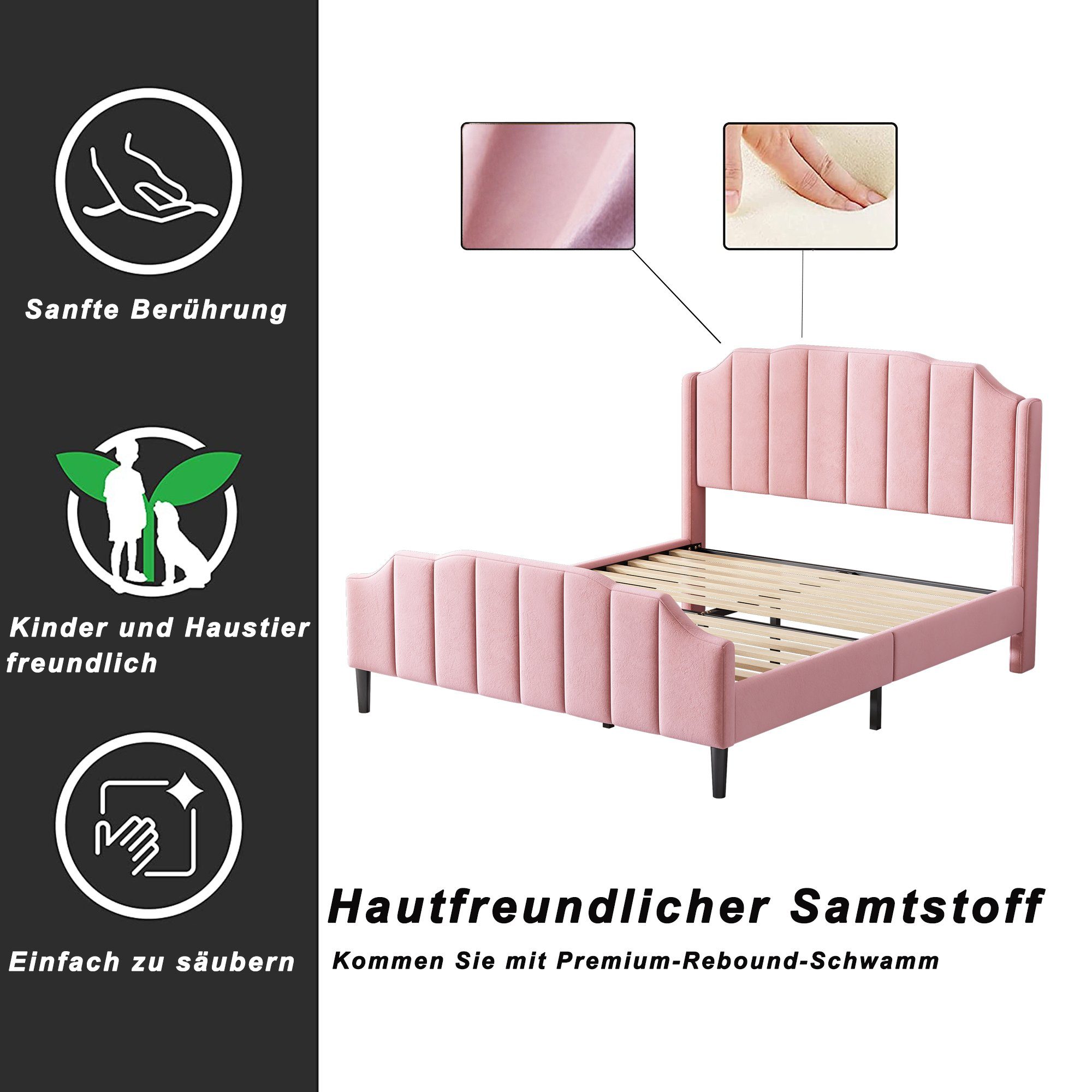 Samt Doppelbett Kinderbett Lattenrost 140x200cm Polsterbett, mit rosa Flieks