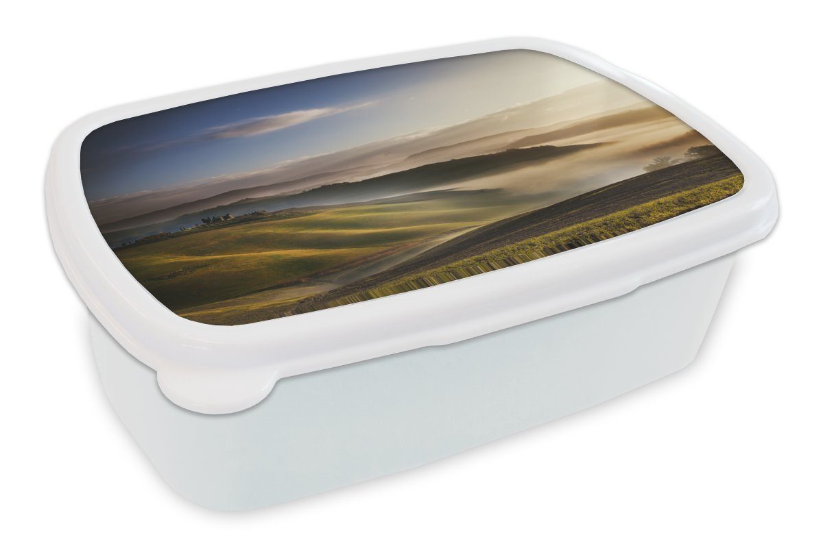MuchoWow Lunchbox Toskana - Nebel - Landschaft, Kunststoff, (2-tlg), Brotbox für Kinder und Erwachsene, Brotdose, für Jungs und Mädchen weiß