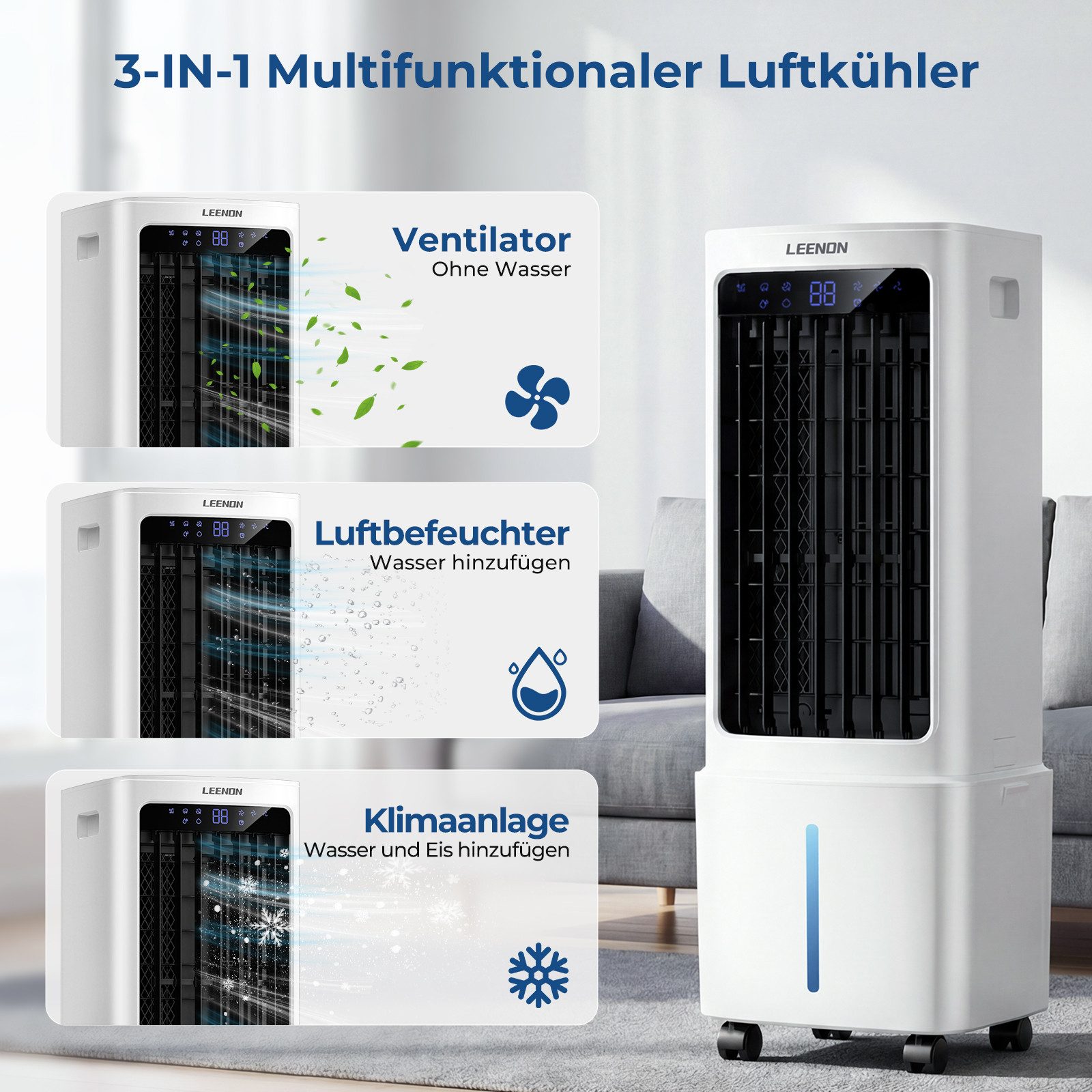 LEENON Ventilatorkombigerät Mobiler Luftkühler mit Wasserkühlung,9L,3in1 Klimagerät, tragbar Ventilator, Luftbefeuchter leise und energiesparend,Timer