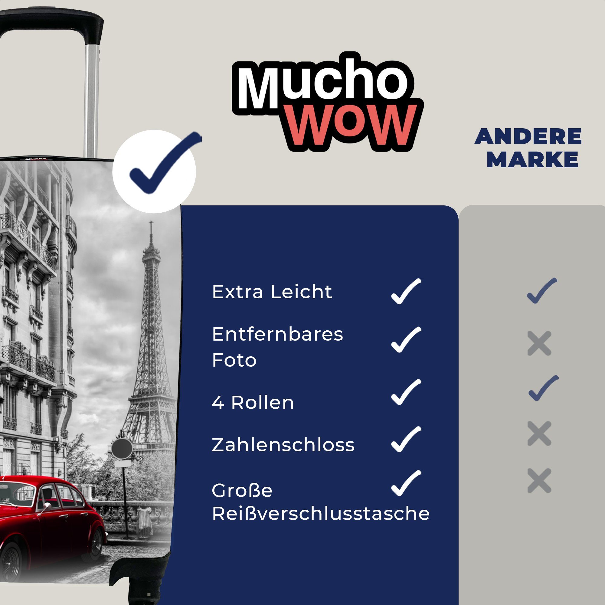 MuchoWow Handgepäckkoffer Eiffelturm - Schwarz mit - Ferien, Weiß rollen, Reisetasche Auto, Reisekoffer 4 für Rollen, - Trolley, Handgepäck