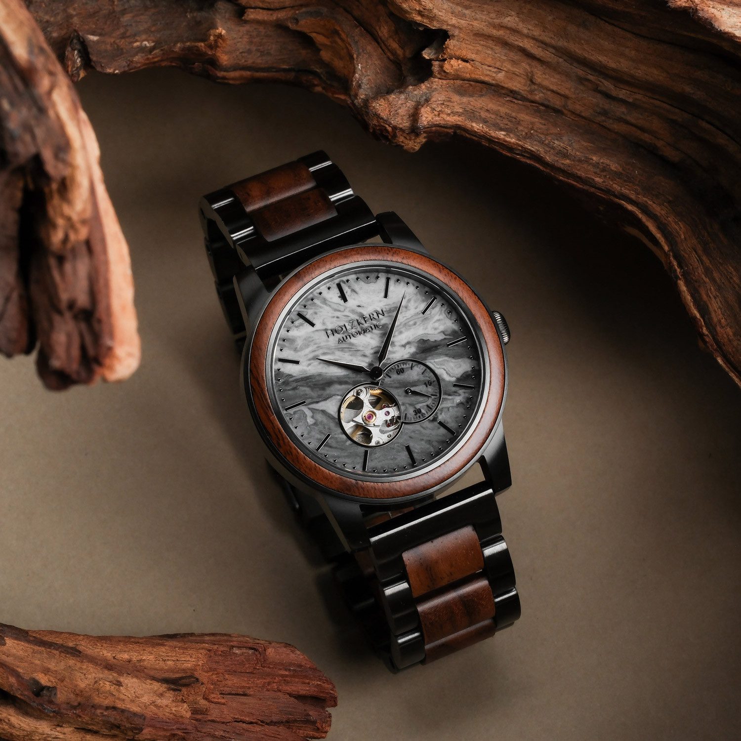 Holzkern Automatikuhr Automatik Chicago Walnuss/Marmor