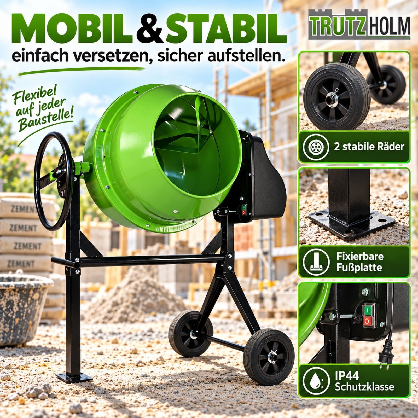 TRUTZHOLM Betonmischer 140 Liter 550 W 30 U/Min Zementmischer für Beton, Mörtel, Gips, (Artikel, 1 St), stabil – Bild 2 von 5