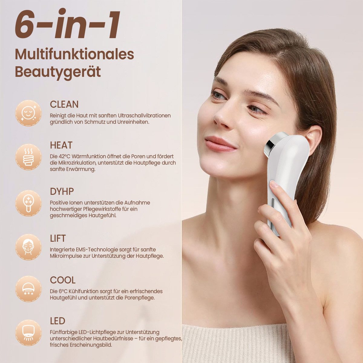 FOSMET Gesichtsmassagegerät 6 in 1 EMS RF Gesichtsmassagegerät mit LED, Wärme und Kälte, 6-in-1 Anti-Aging Gerät, Elektrisches Beauty Tool für tägliche Hautpflege und sanfte Massage