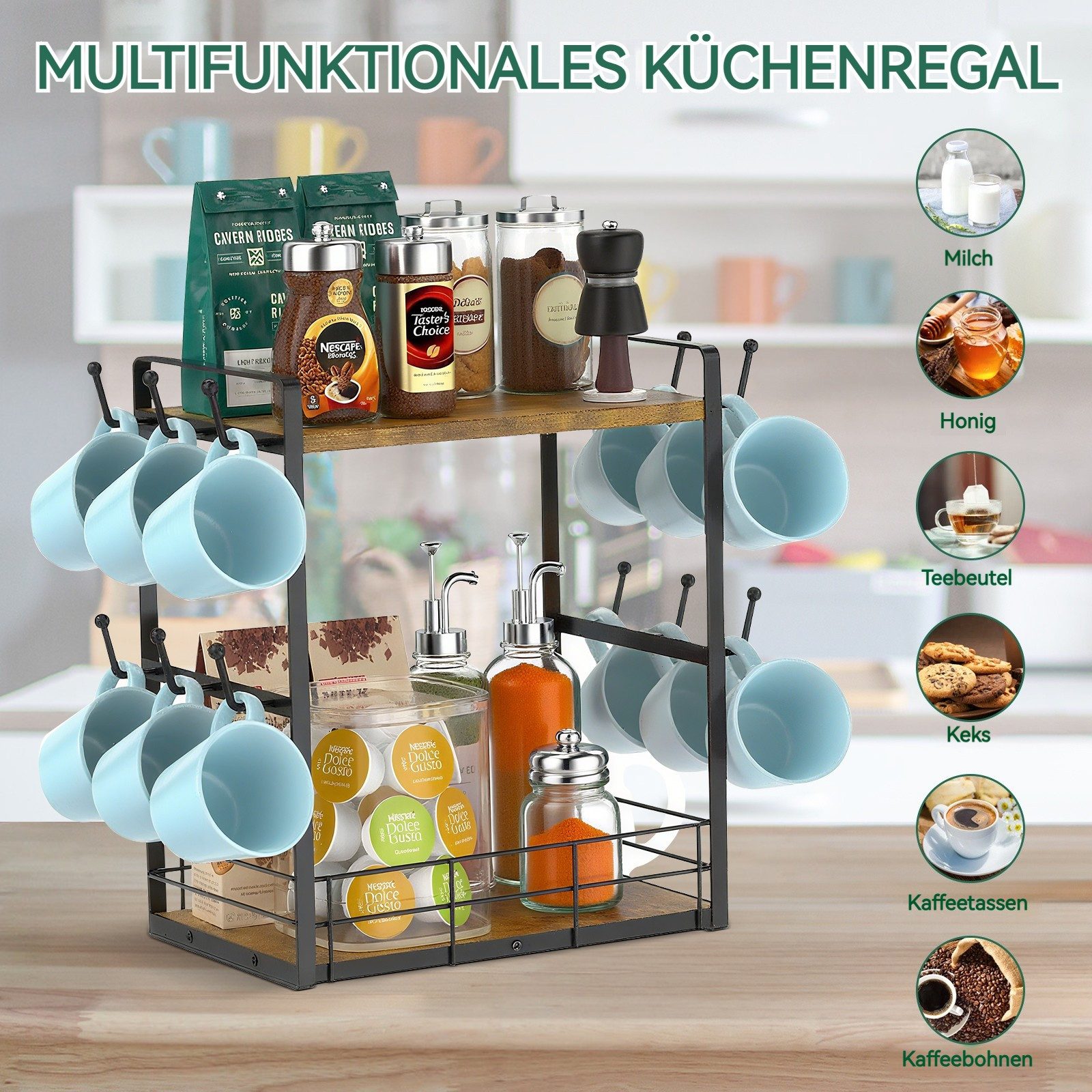 BlingBin Küchenregal 2 Etagen Tassenständer für Arbeitsplatte, 12 Haken, Aufbewahrungskorb, Küchen-Organizer, Gewürzregal 1-tlg., Küchentisch-Organizer, Tassenhalter für Kaffeebar Küche, Braun-Schwarz