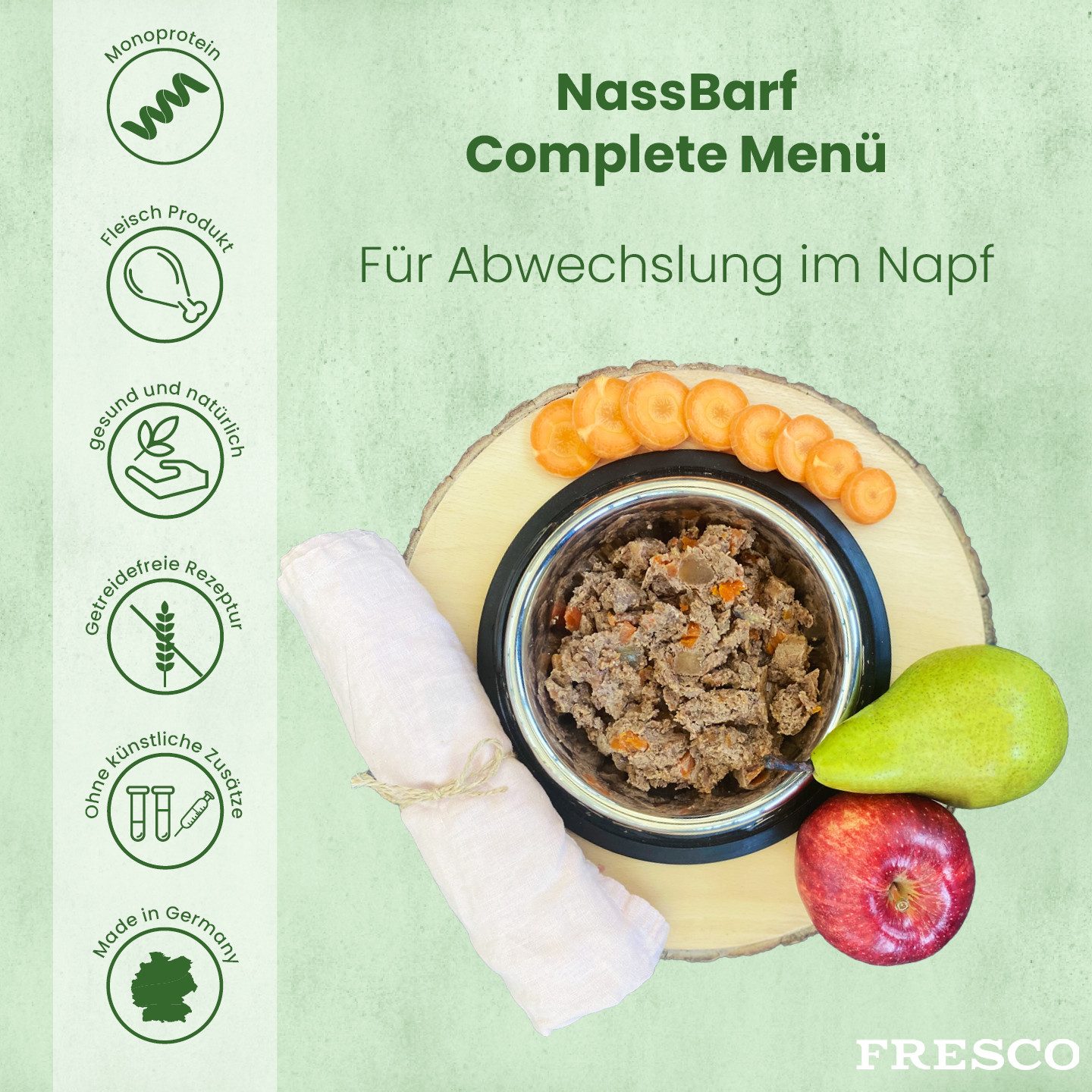 Fresco Dog NassBarf Premium Hundefutter Nass 12 x 400g, Bauernente mit Karotten &Topinambur, Nassfutter für: Hunde, Getreidefrei, zuckerfrei & hochverträglich