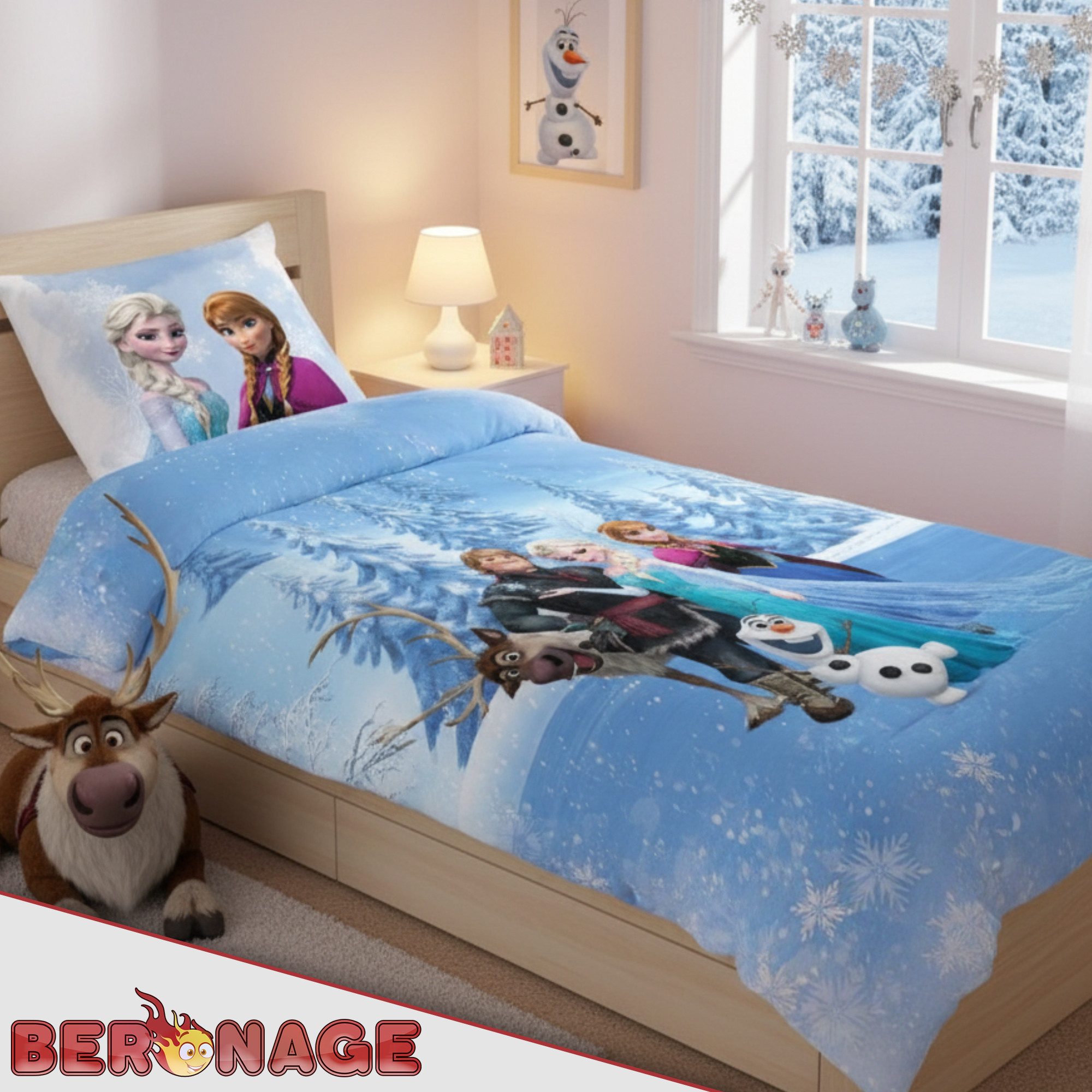 BERONAGE Kinderbettwäsche Frozen Die Eiskönigin Sven Bettwäsche Linon / Renforcé, 100% Baumwolle, 2 teilig, 135x200 + 80x80 cm – Bild 4 von 5