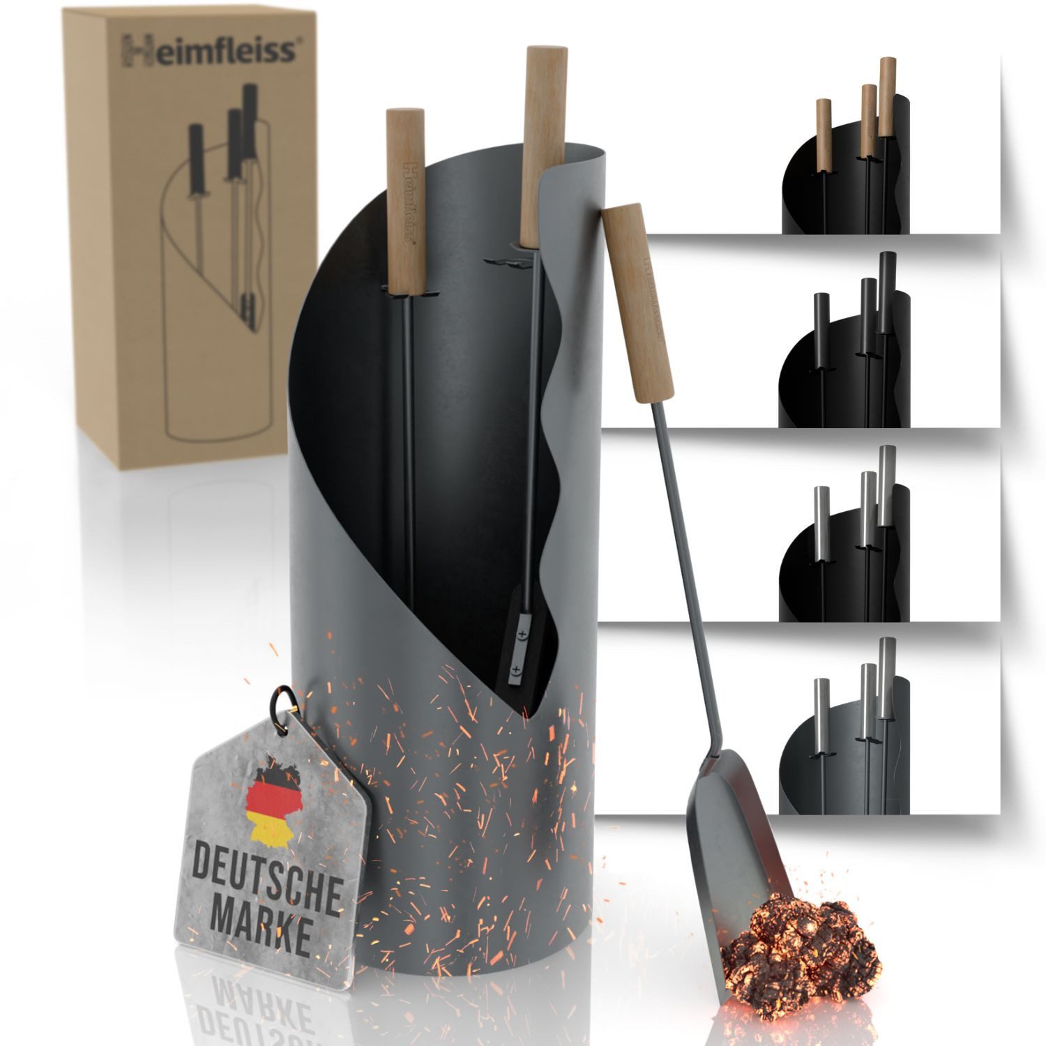 Heimfleiss® Kamingarnitur Modernes Kaminbesteck aus Stahl & Holz – 3-teilig oder 4-teilig, Elegantes Kaminzubehör mit Schaufel, Besen & Schürhaken, Stilvoll