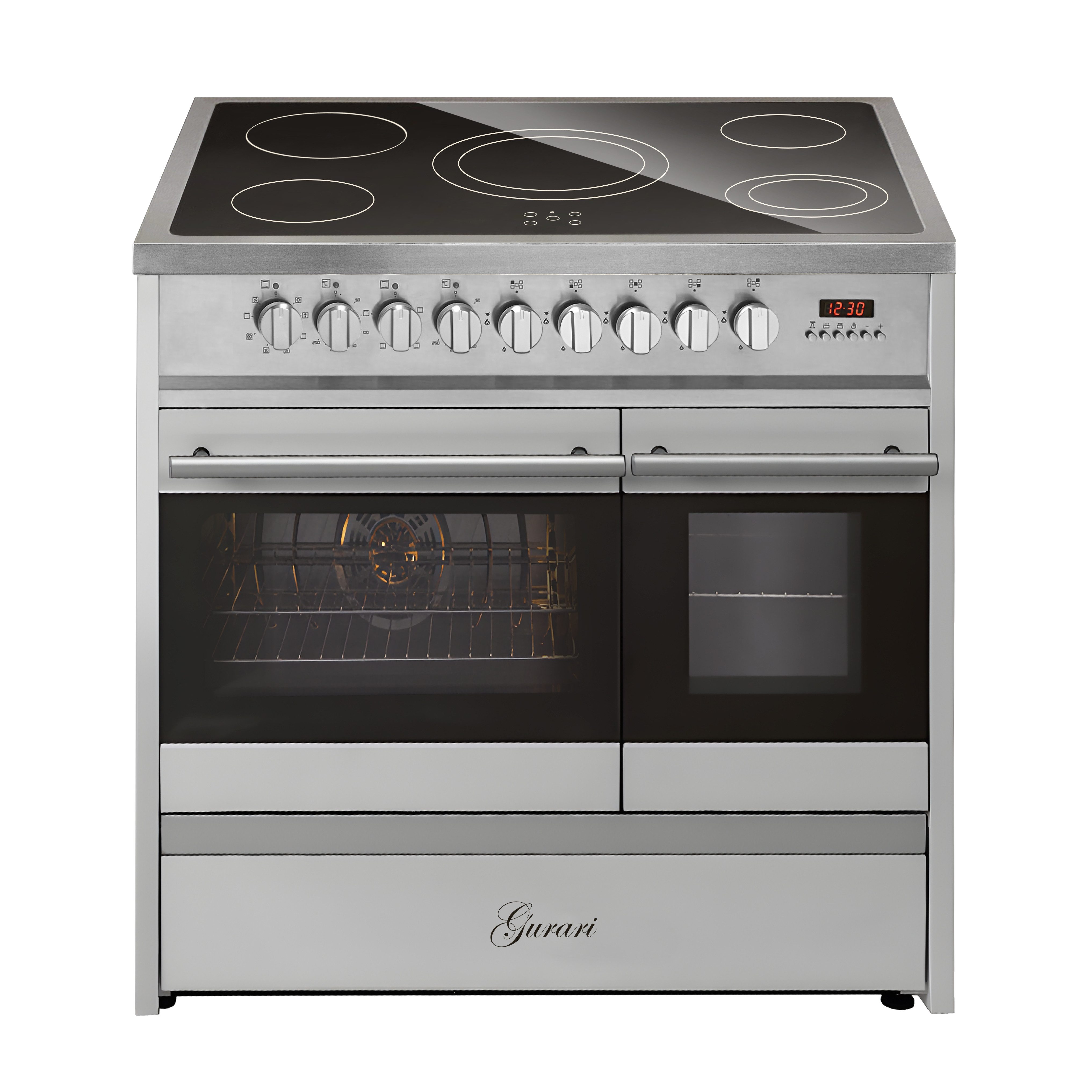 GURARI Elektro-Standherd Elektro Standherd 90 cm, Doppelbackofen+Dunstabzugshaube 90 cm GCH E 912 DF X+GCH F 462 IS 9 Prime N, mit 1-fach-Teleskopauszug