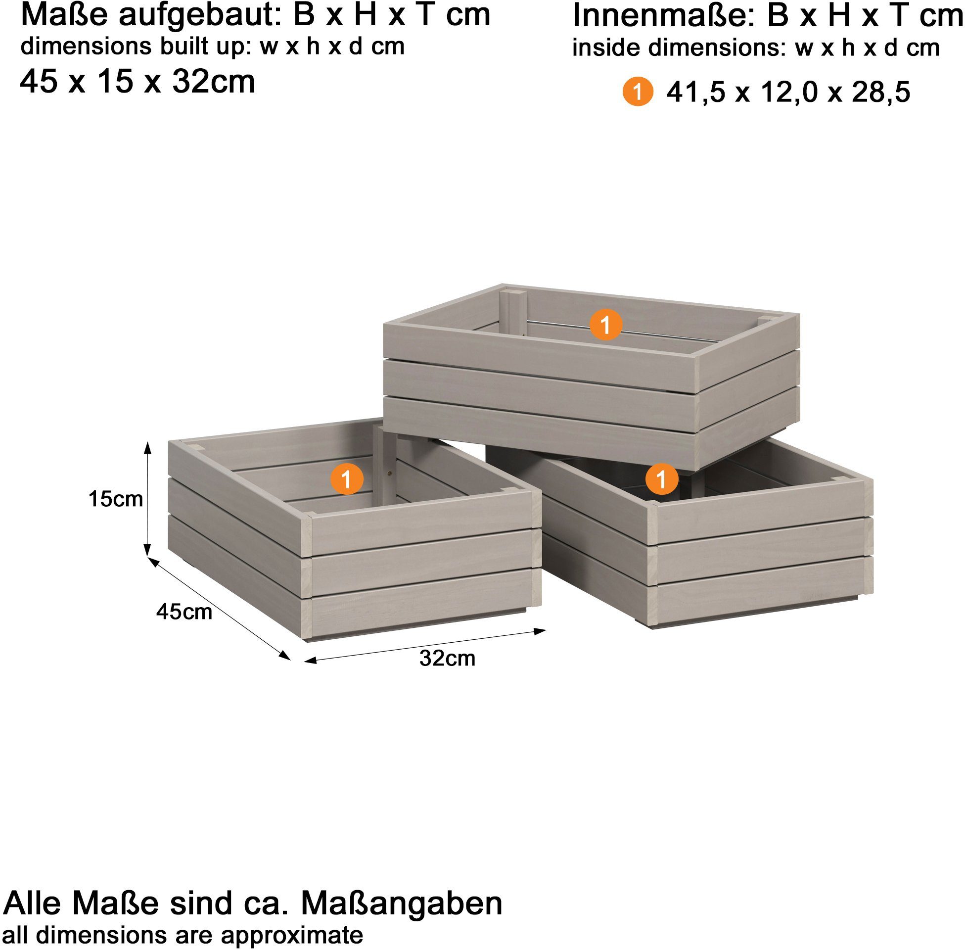 ebuy24 INTER-FURN Schublade Set / Kiefer, B/H/T: / Arona St), 32 45 cm (3 Wachs, Massivholzkisten, Holzkisten 3er Grau 15